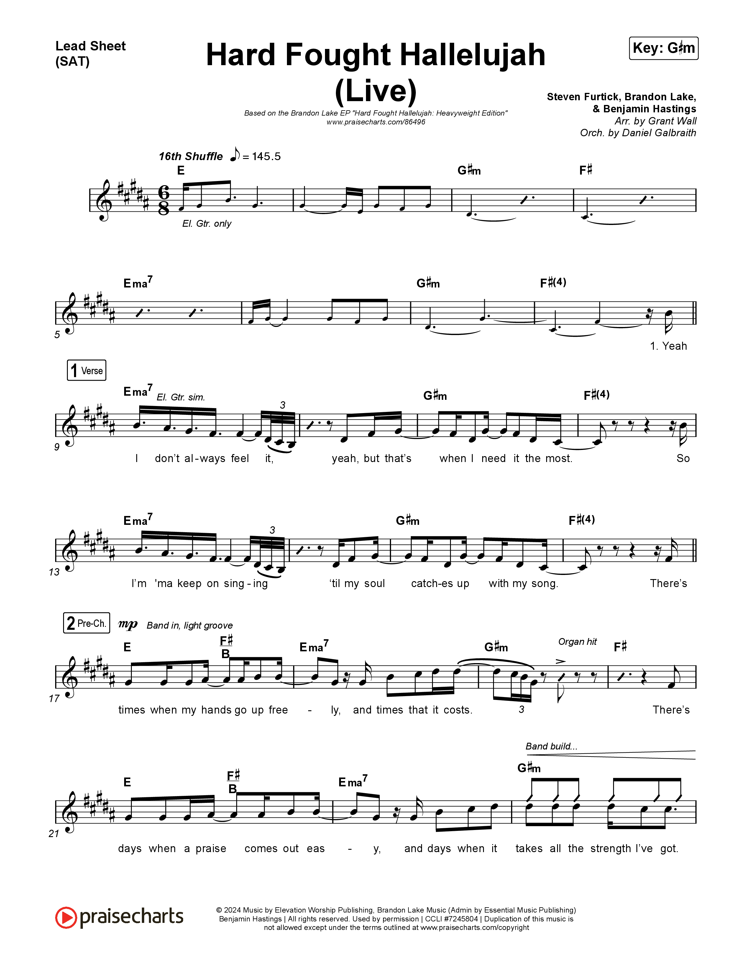 Hard Fought Hallelujah (Live) Lead Sheet (SAT) (Brandon Lake)