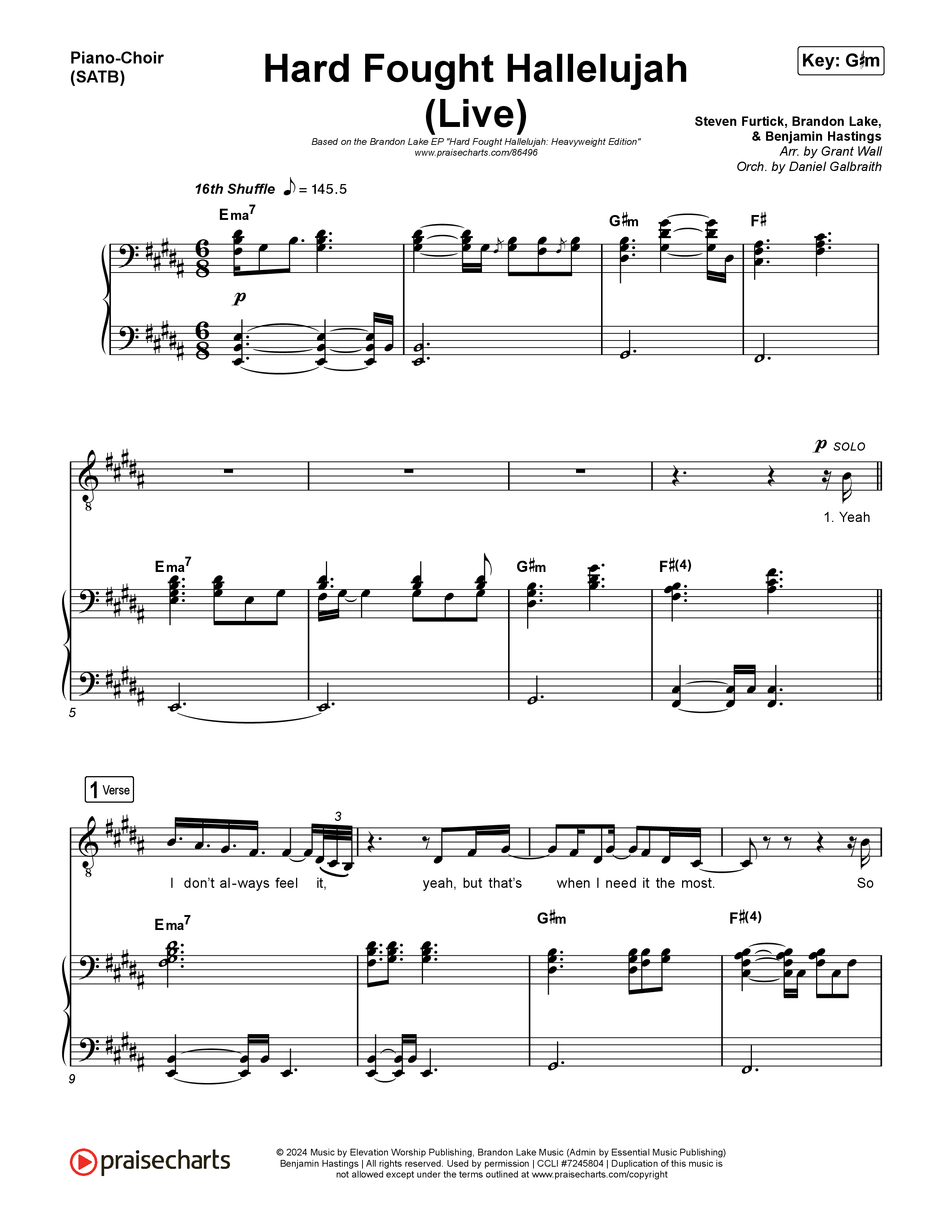 Hard Fought Hallelujah (Live) Piano/Vocal (SATB) (Brandon Lake)