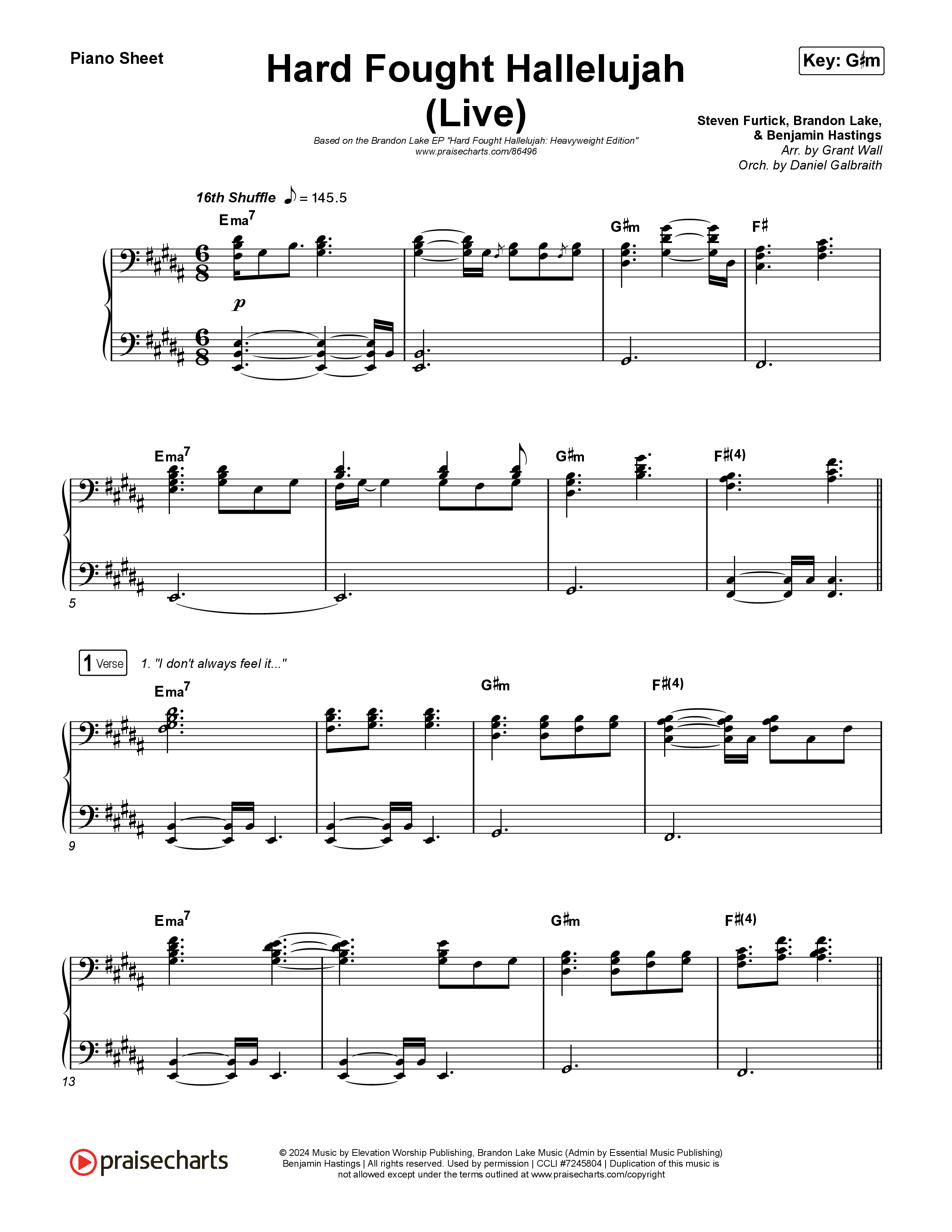 Hard Fought Hallelujah (Live) Piano Sheet (Brandon Lake)