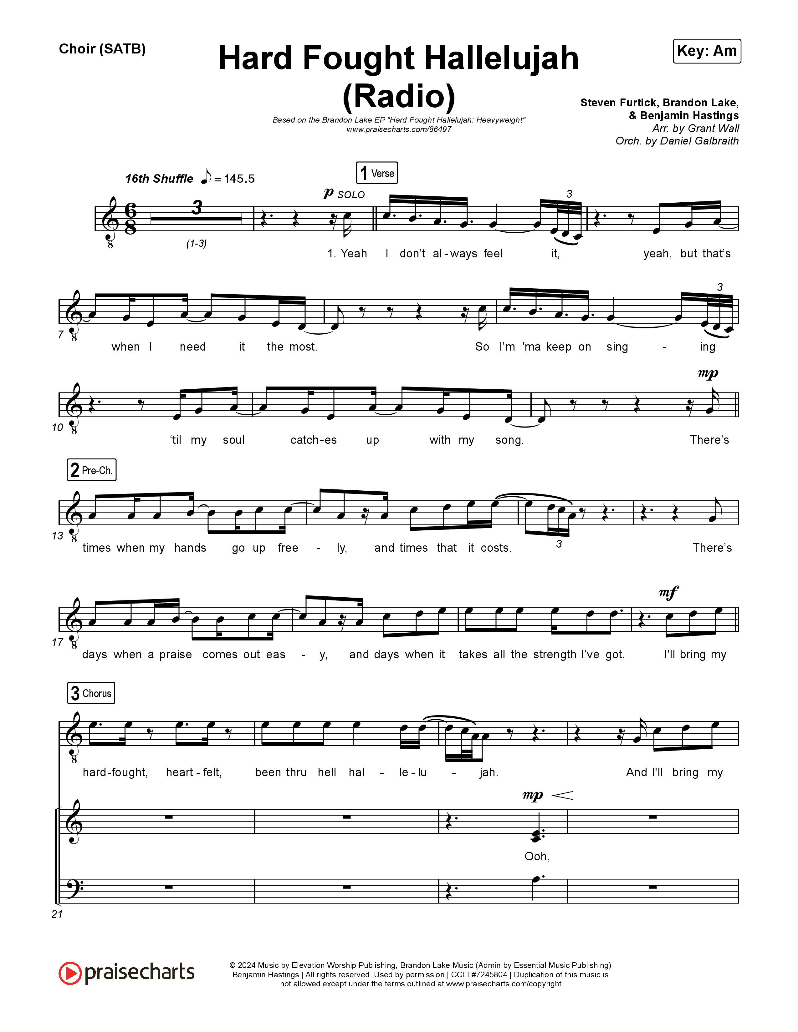 Hard Fought Hallelujah (Radio) Choir Sheet (SATB) (Brandon Lake)