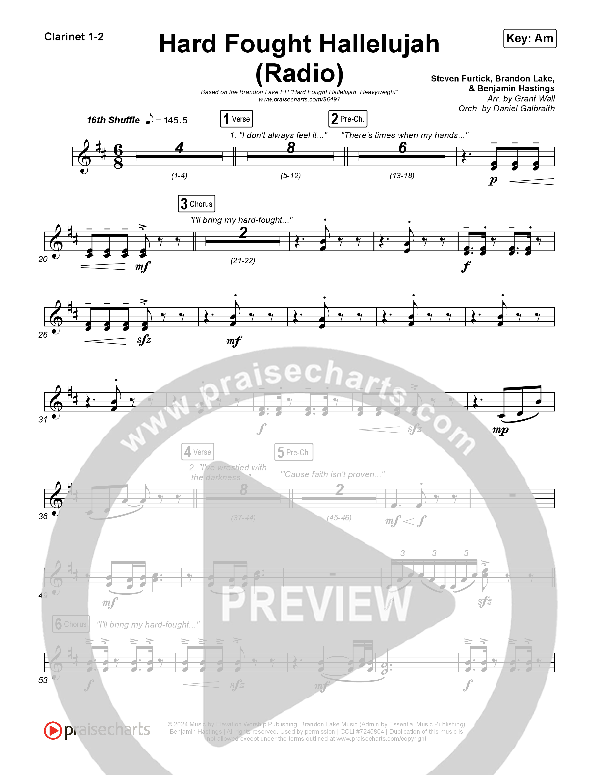 Hard Fought Hallelujah (Radio) Clarinet 1,2 (Brandon Lake)