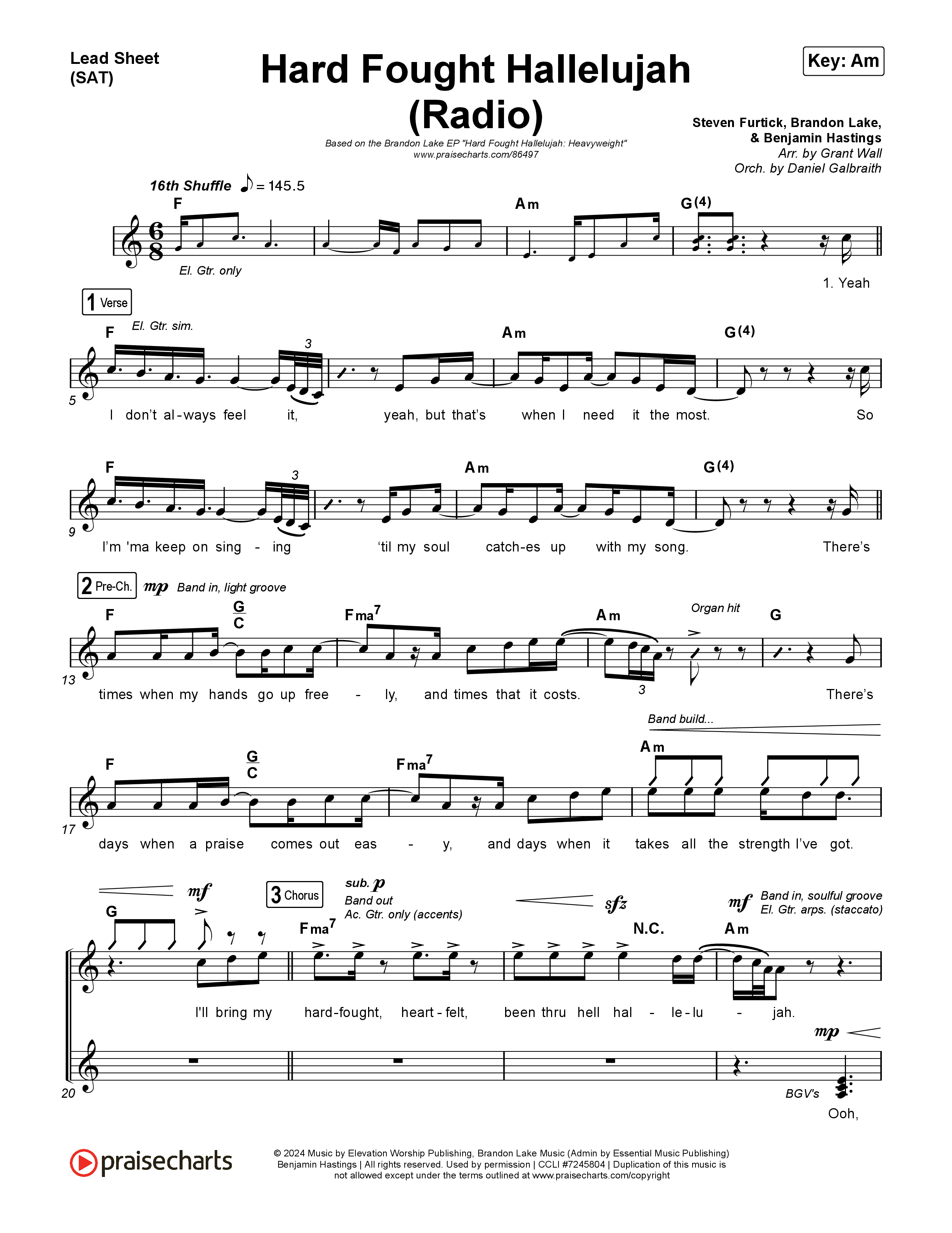 Hard Fought Hallelujah (Radio) Lead Sheet (SAT) (Brandon Lake)