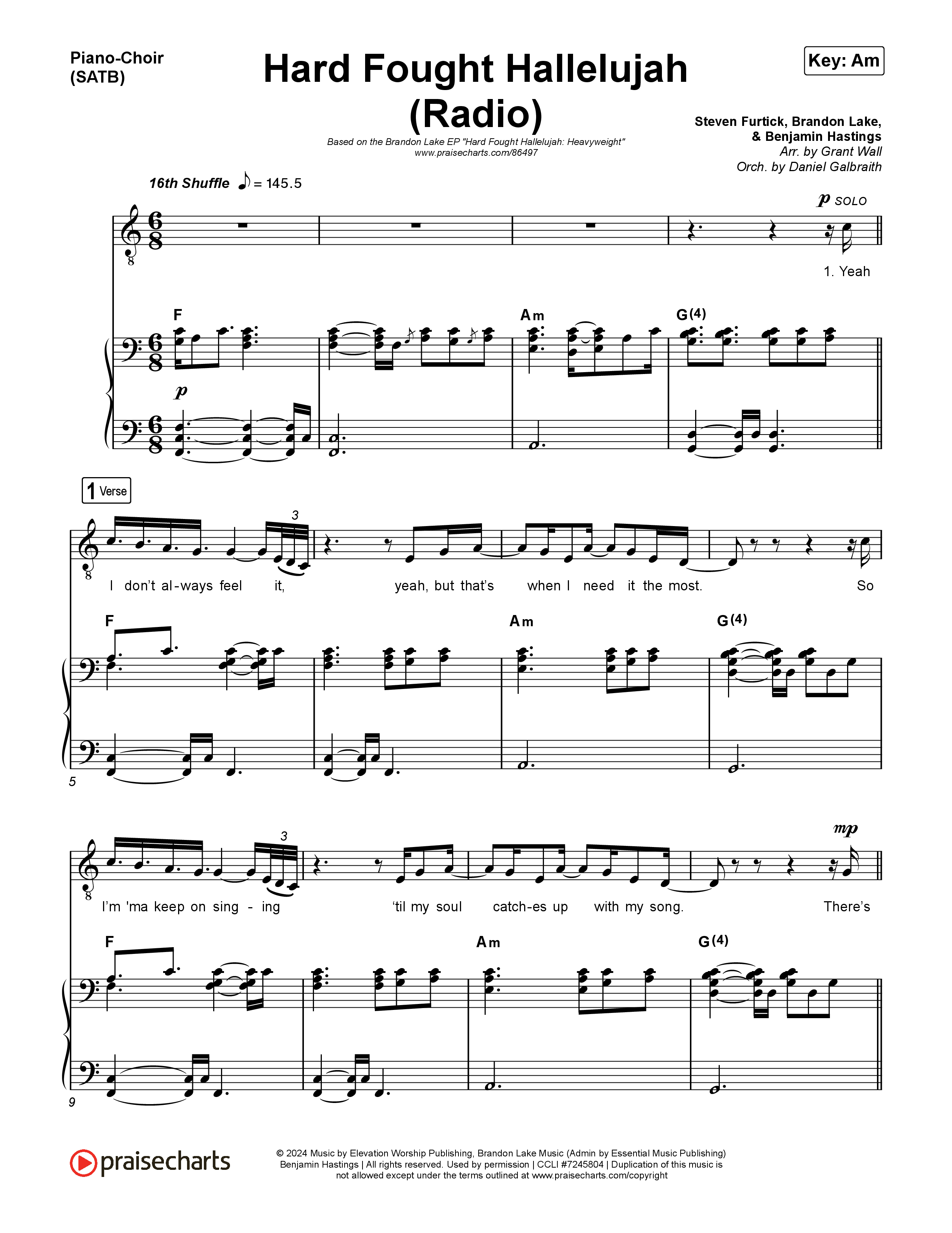 Hard Fought Hallelujah (Radio) Piano/Vocal (SATB) (Brandon Lake)