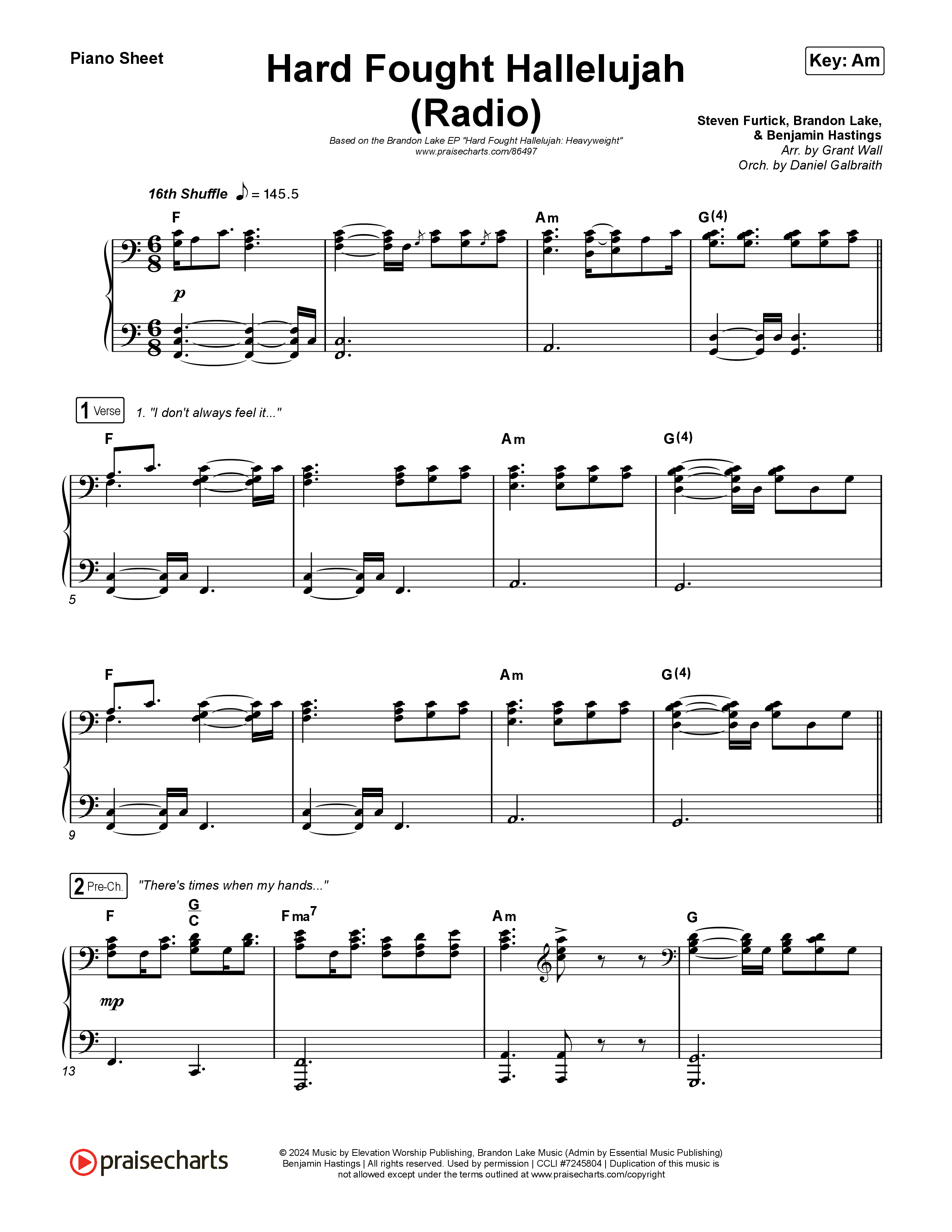 Hard Fought Hallelujah (Radio) Piano Sheet (Brandon Lake)