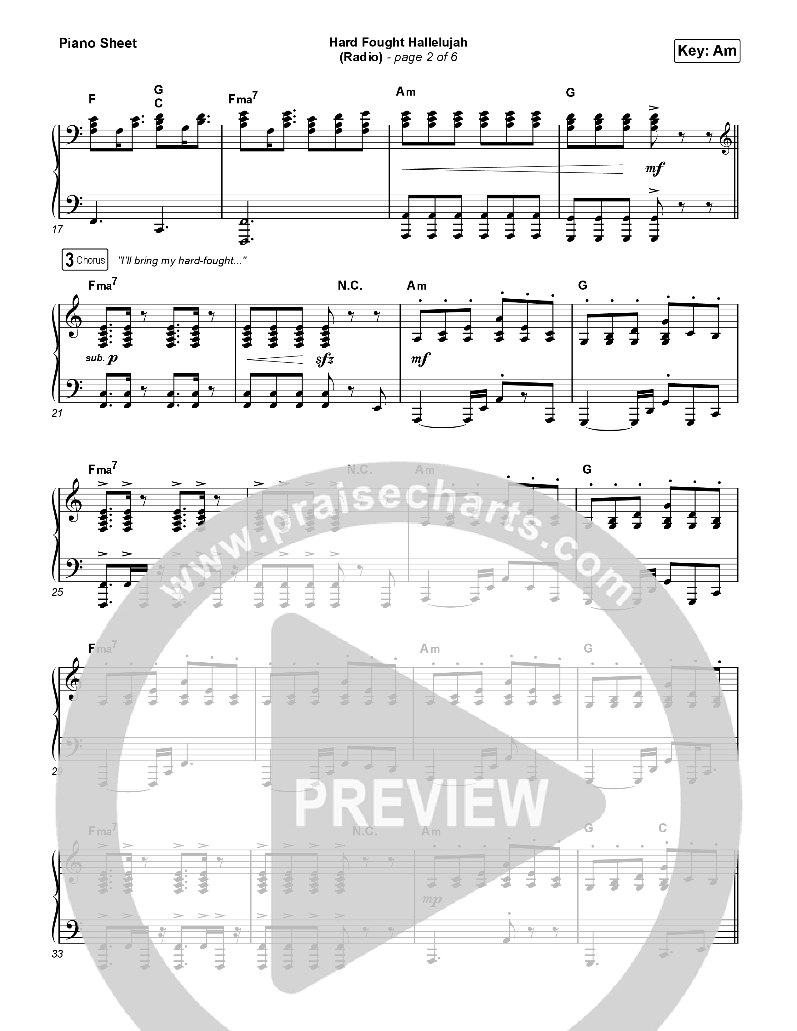 Hard Fought Hallelujah (Radio) Piano Sheet (Brandon Lake)