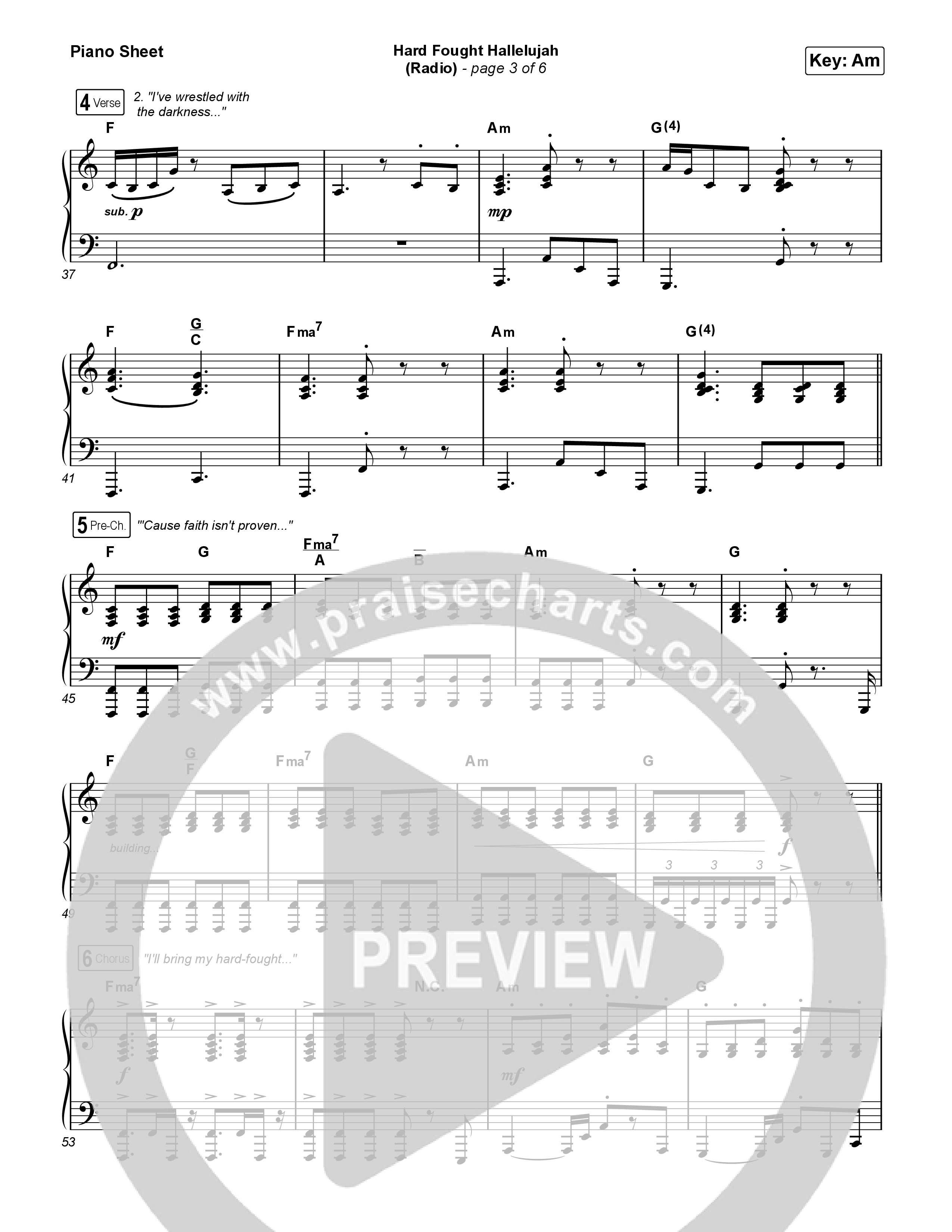 Hard Fought Hallelujah (Radio) Piano Sheet (Brandon Lake)