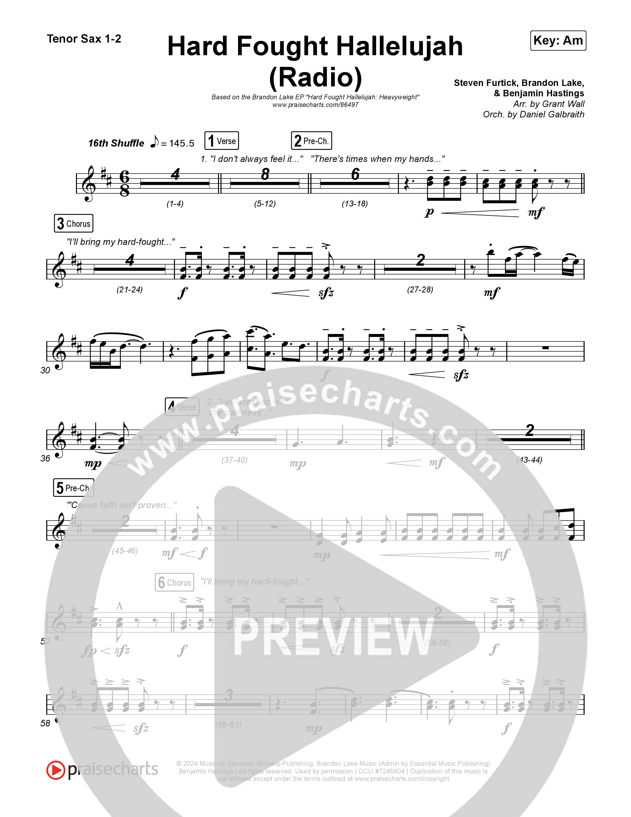 Hard Fought Hallelujah (Radio) Tenor Sax 1,2 (Brandon Lake)