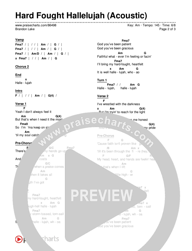 Hard Fought Hallelujah (Acoustic) Chords & Lyrics (Brandon Lake)