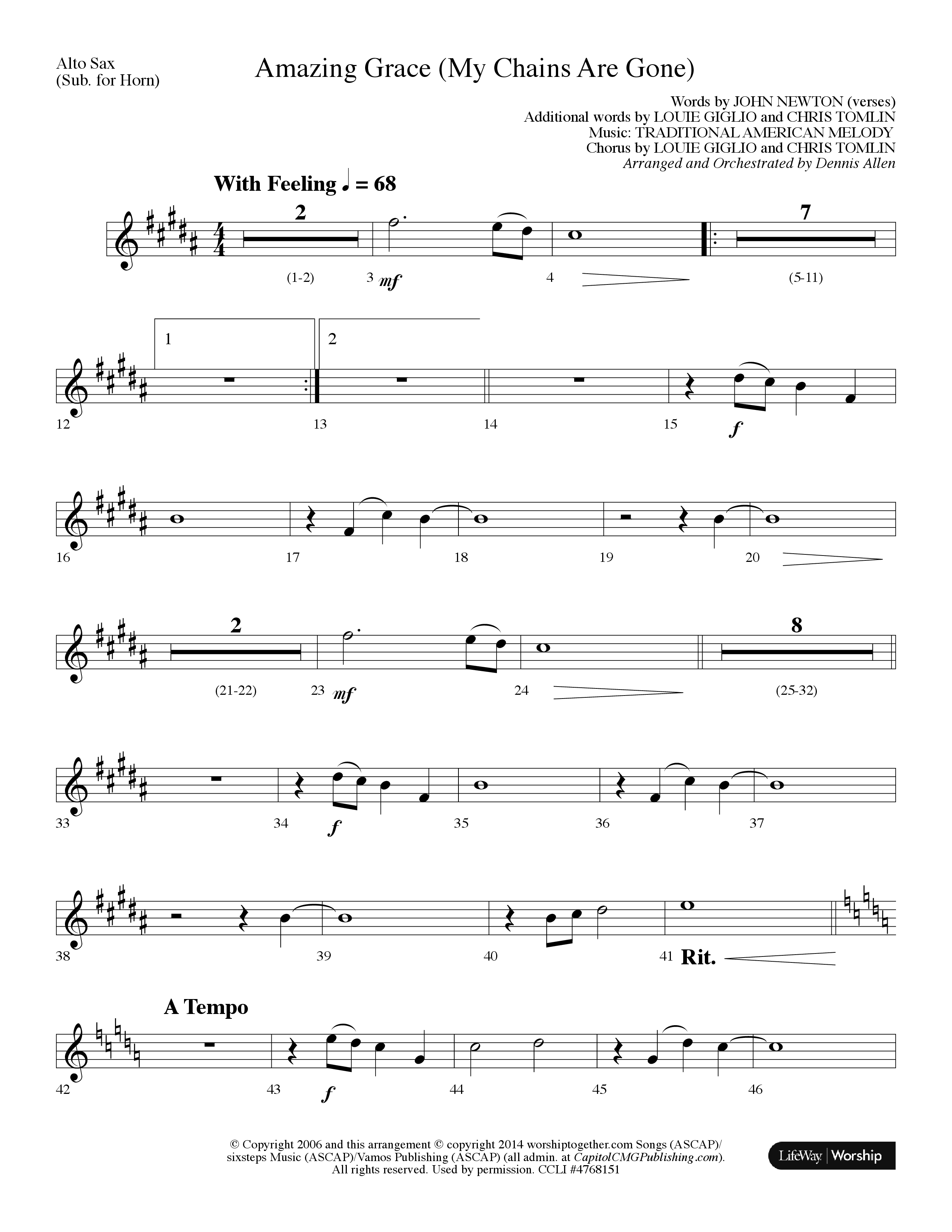 Amazing Grace (My Chains Are Gone) (Choral Anthem SATB) Alto Sax (Lifeway Choral / Arr. Dennis Allen)