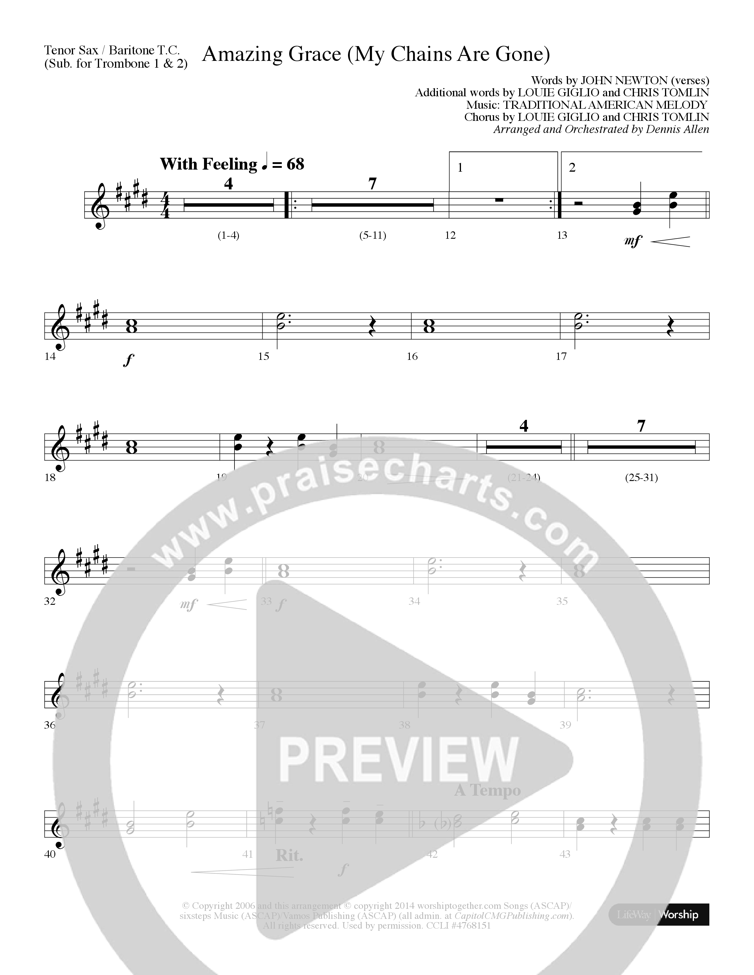 Amazing Grace (My Chains Are Gone) (Choral Anthem SATB) Tenor Sax/Baritone T.C. (Lifeway Choral / Arr. Dennis Allen)