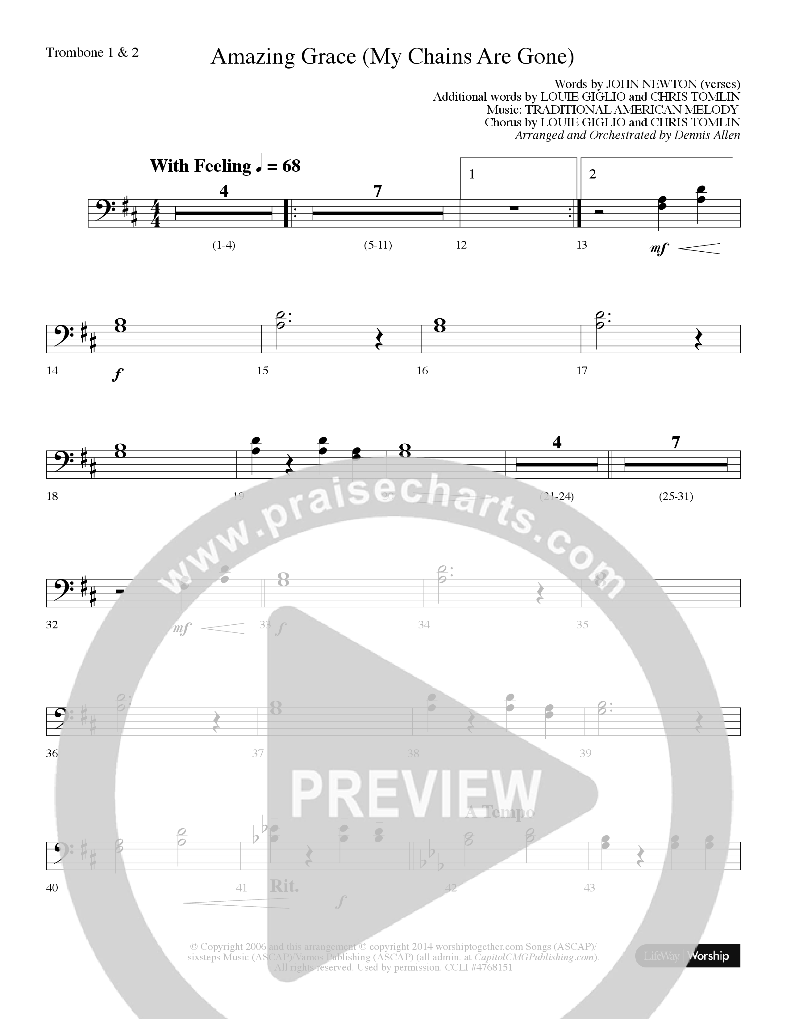 Amazing Grace (My Chains Are Gone) (Choral Anthem SATB) Trombone 1/2 (Lifeway Choral / Arr. Dennis Allen)