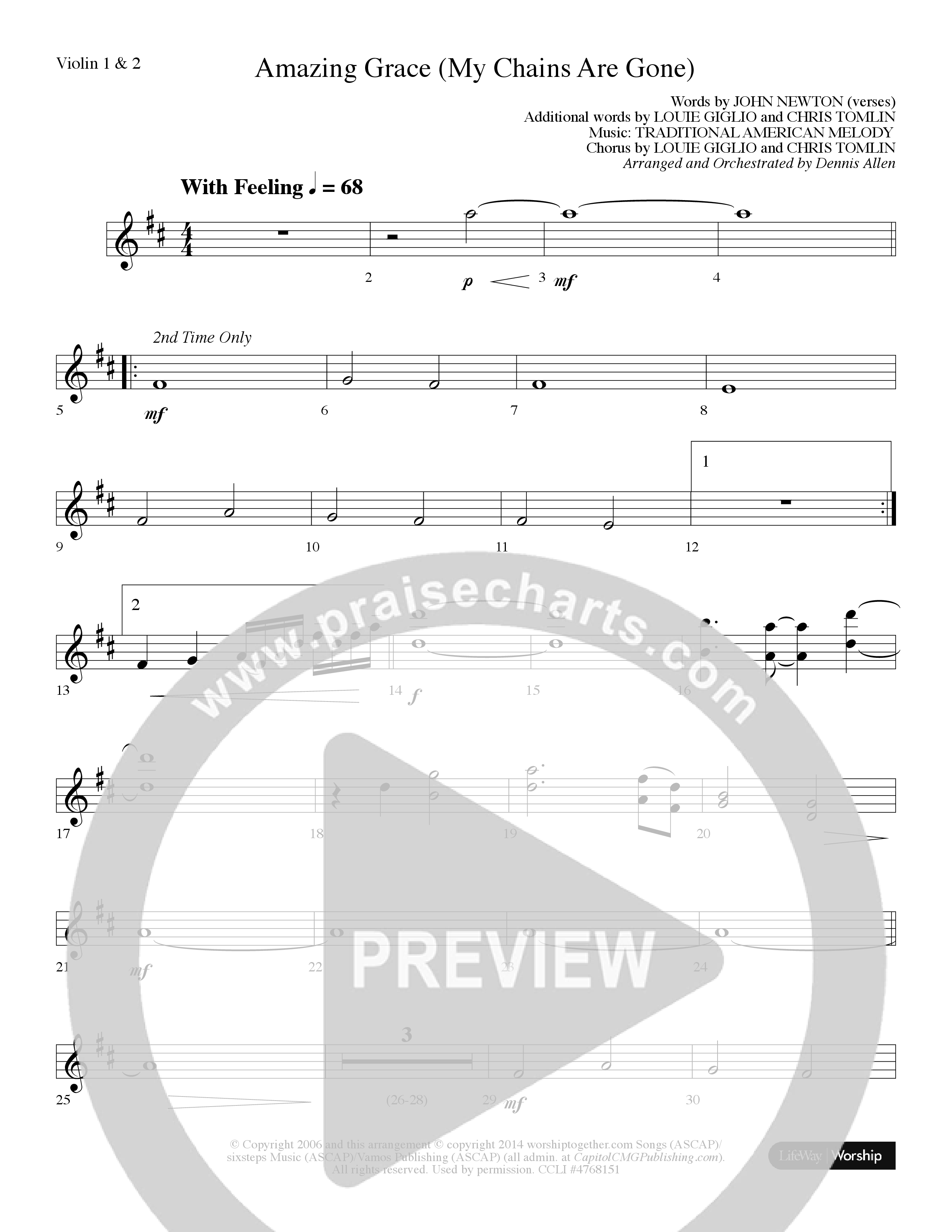 Amazing Grace (My Chains Are Gone) (Choral Anthem SATB) Violin 1/2 (Lifeway Choral / Arr. Dennis Allen)