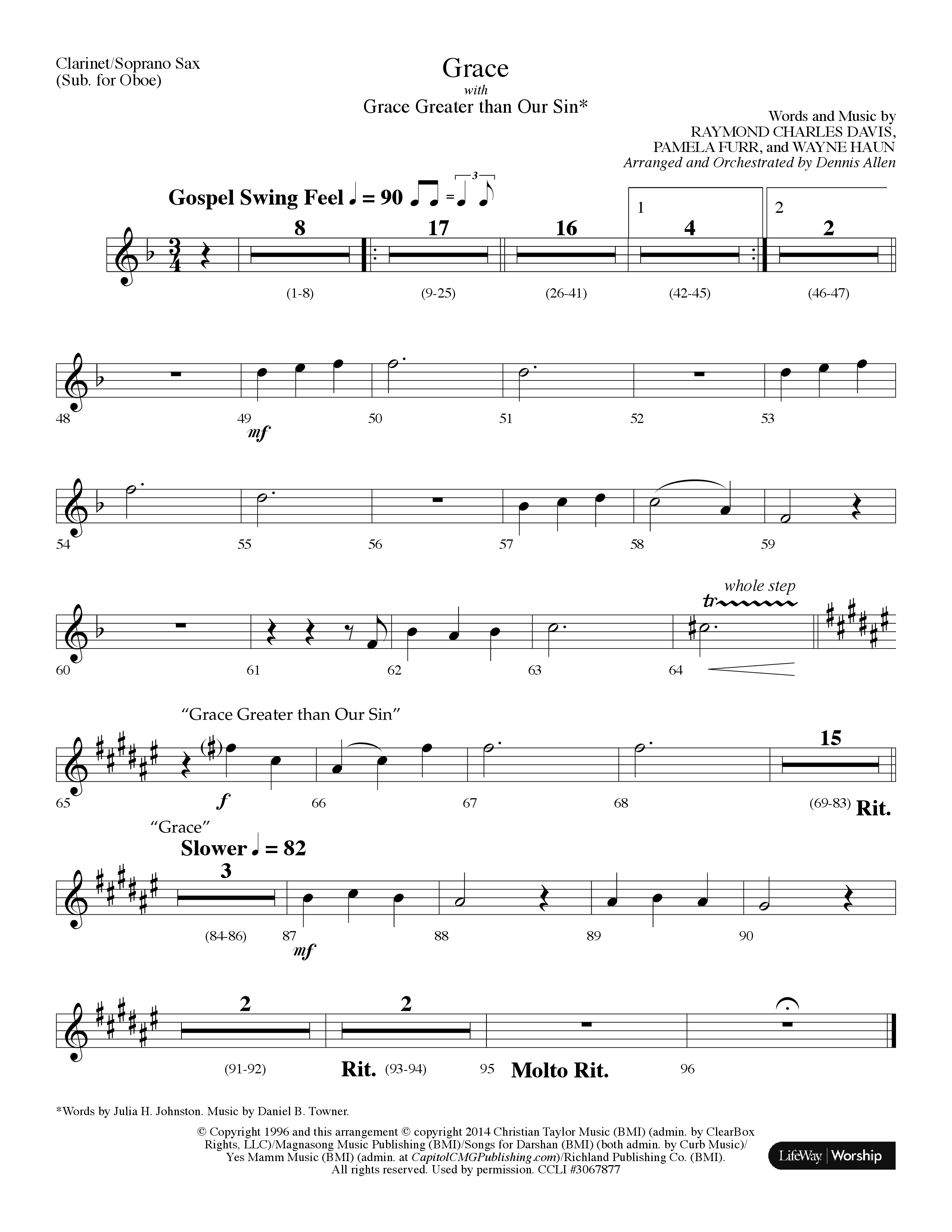 Grace (with Grace Greater Than Our Sin) (Choral Anthem SATB) Clarinet/Soprano Sax (Lifeway Choral / Arr. Dennis Allen)