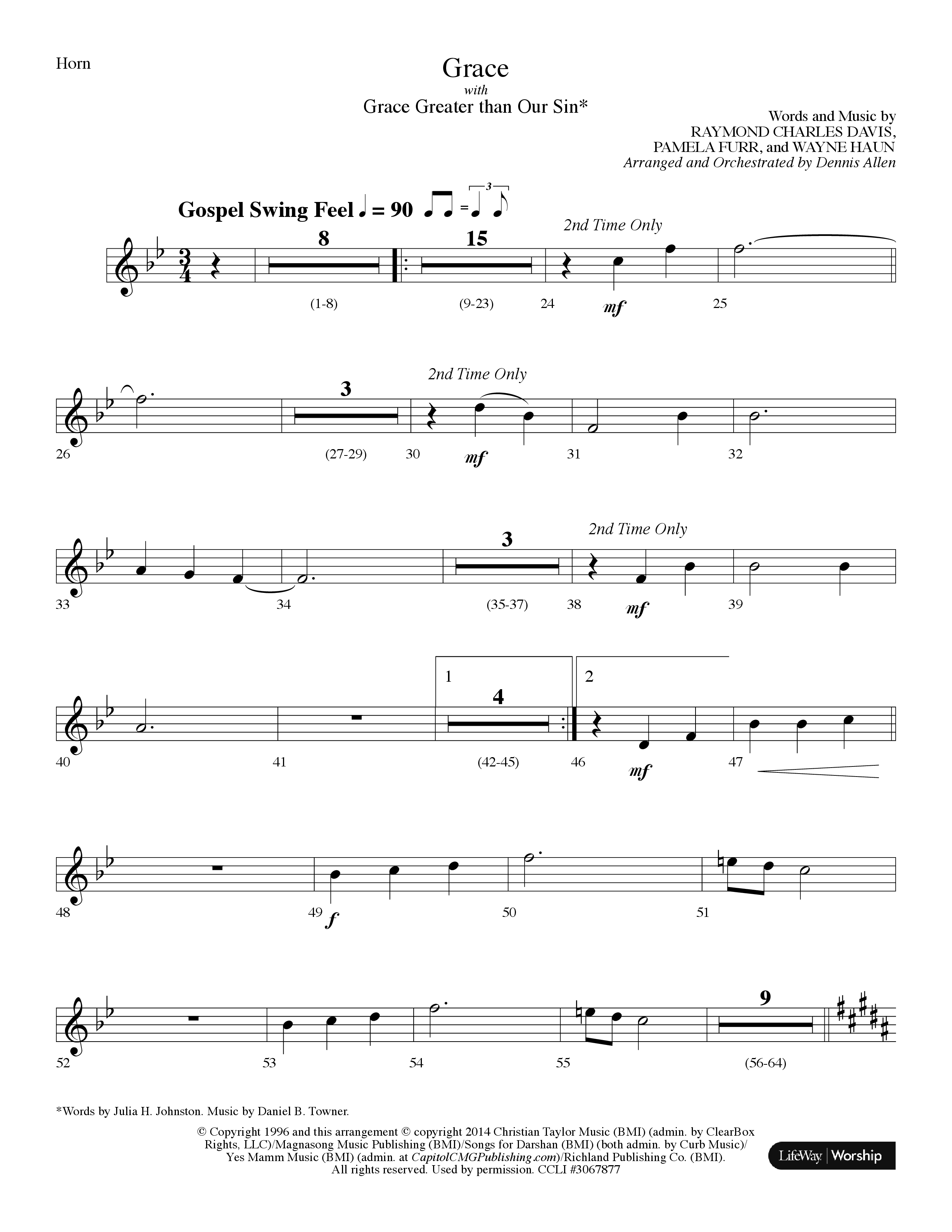 Grace (with Grace Greater Than Our Sin) (Choral Anthem SATB) French Horn (Lifeway Choral / Arr. Dennis Allen)