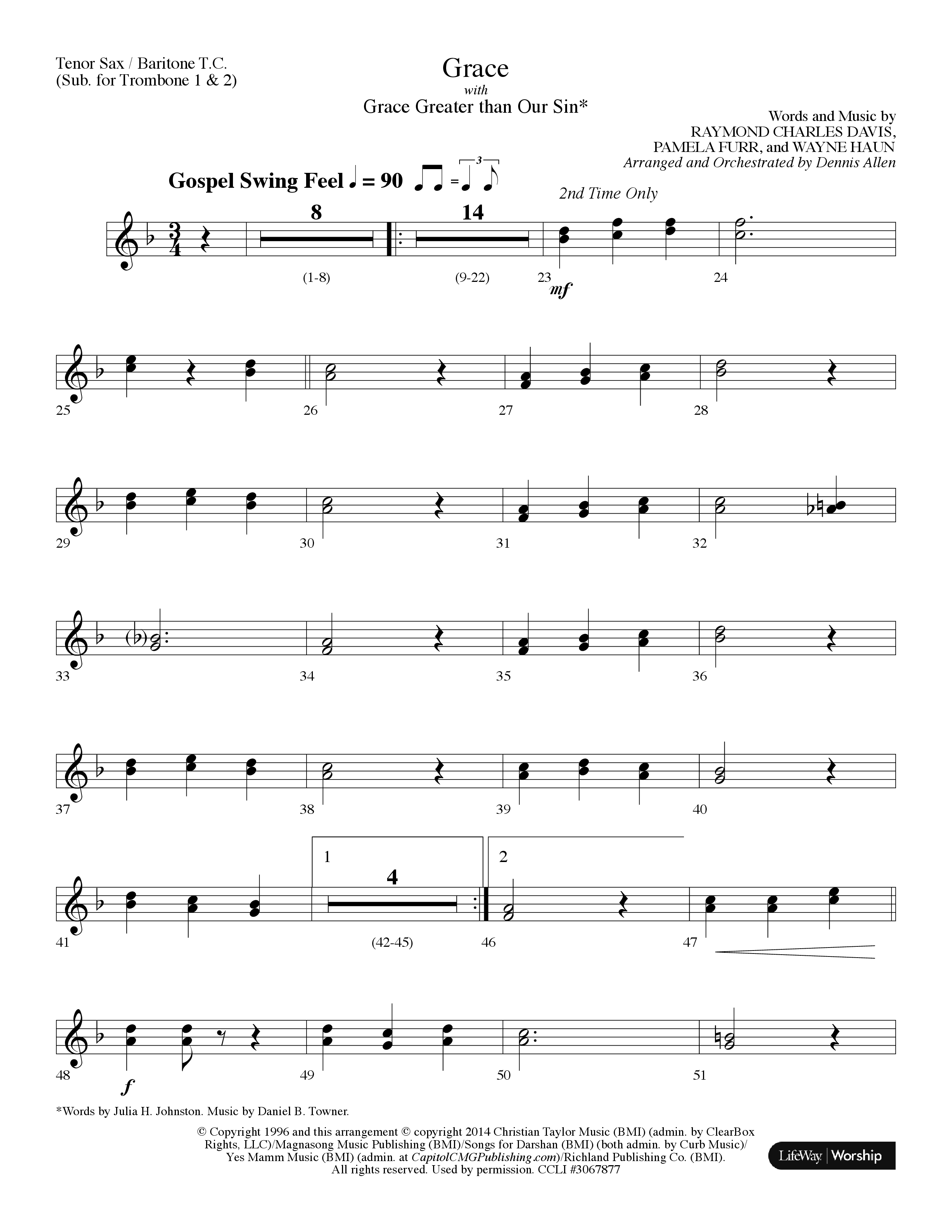 Grace (with Grace Greater Than Our Sin) (Choral Anthem SATB) Tenor Sax/Baritone T.C. (Lifeway Choral / Arr. Dennis Allen)