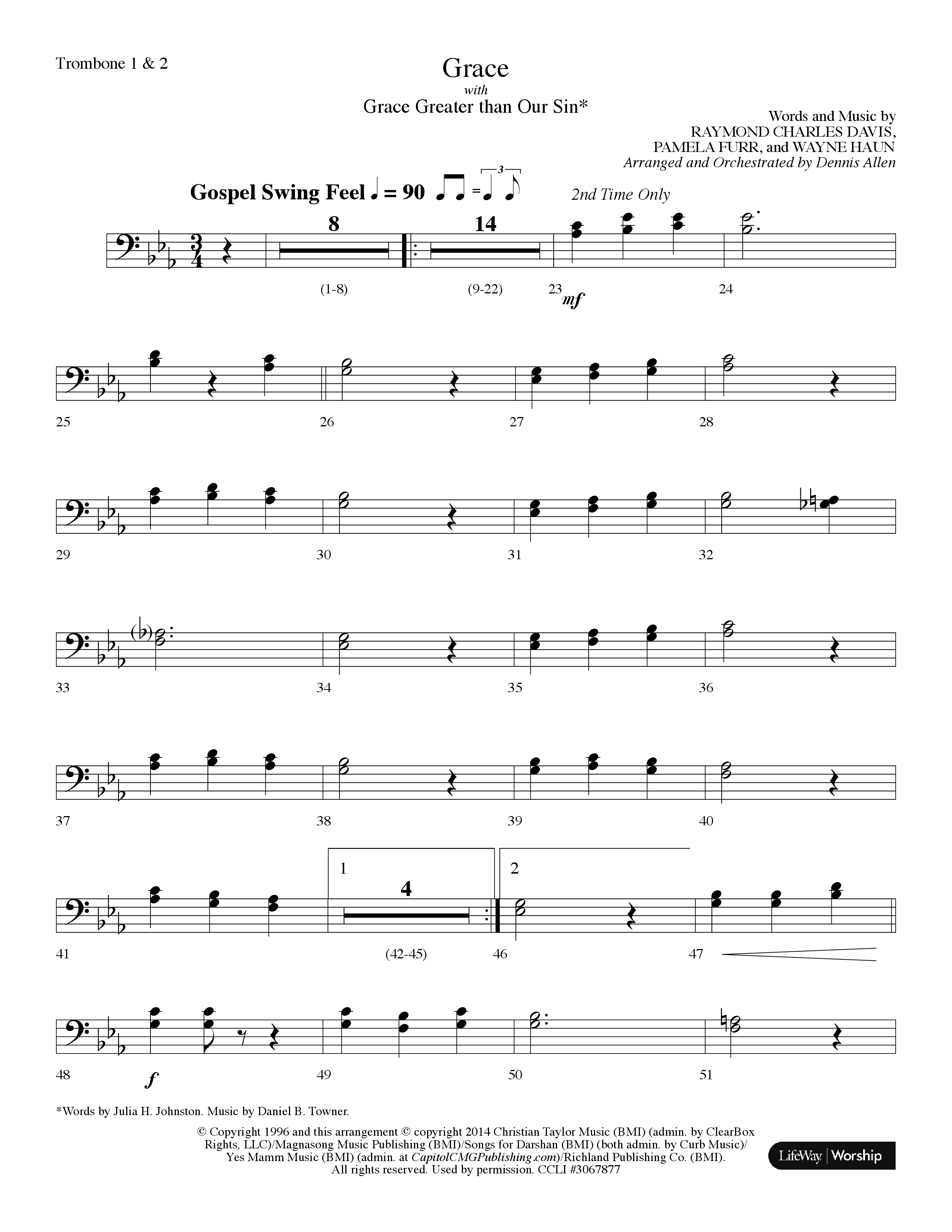 Grace (with Grace Greater Than Our Sin) (Choral Anthem SATB) Trombone 1/2 (Lifeway Choral / Arr. Dennis Allen)
