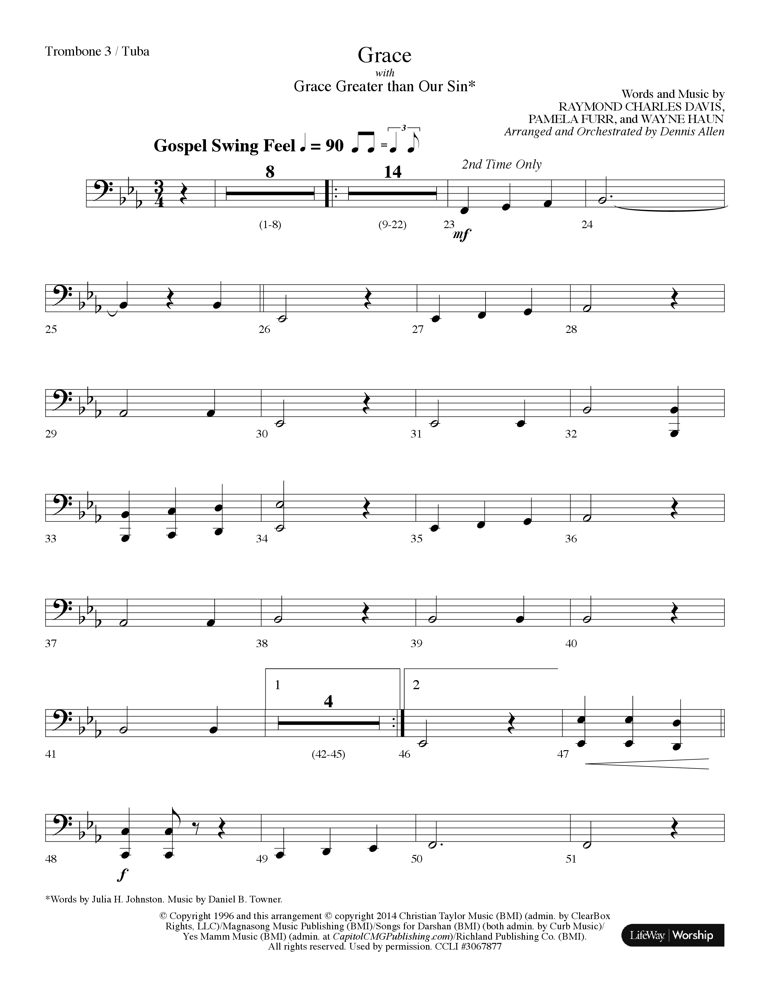 Grace (with Grace Greater Than Our Sin) (Choral Anthem SATB) Trombone 3/Tuba (Lifeway Choral / Arr. Dennis Allen)