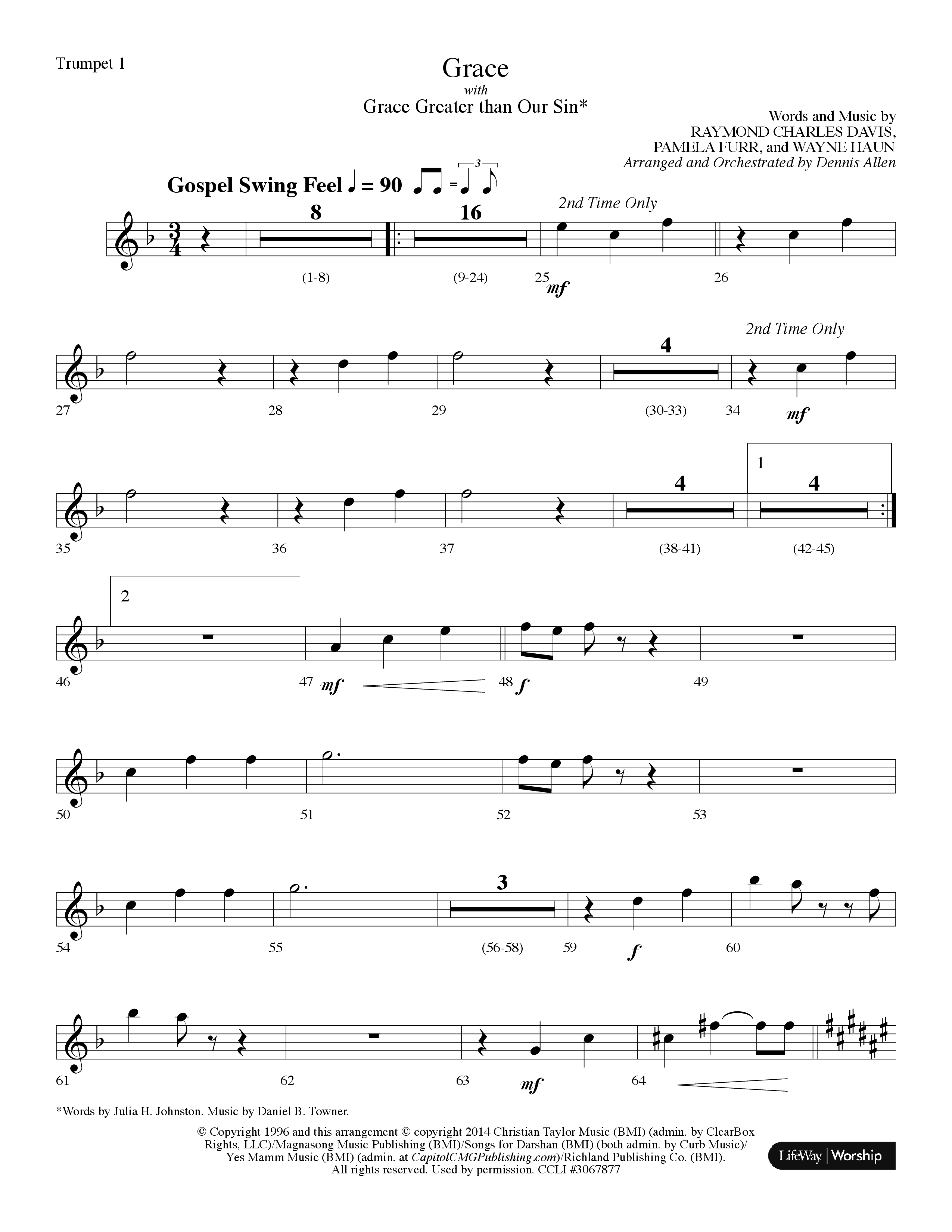 Grace (with Grace Greater Than Our Sin) (Choral Anthem SATB) Trumpet 1 (Lifeway Choral / Arr. Dennis Allen)