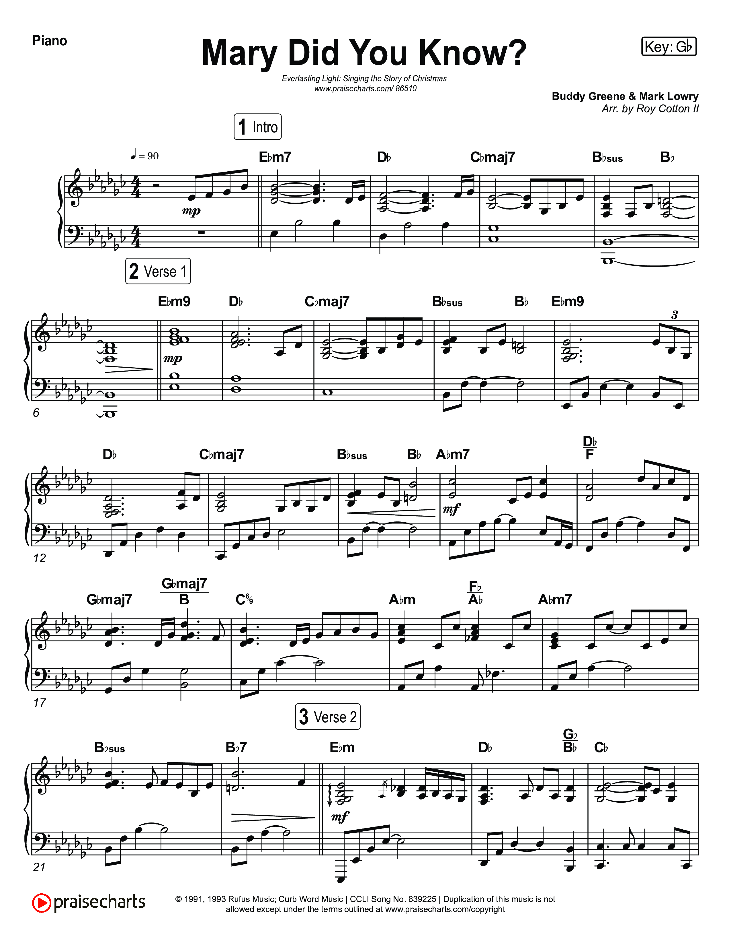 Mary Did You Know (Live) Piano Sheet (Museum Of The Bible / Anthony Evans / Indiana Wesleyan University Choir / Arr. Roy Colton II)