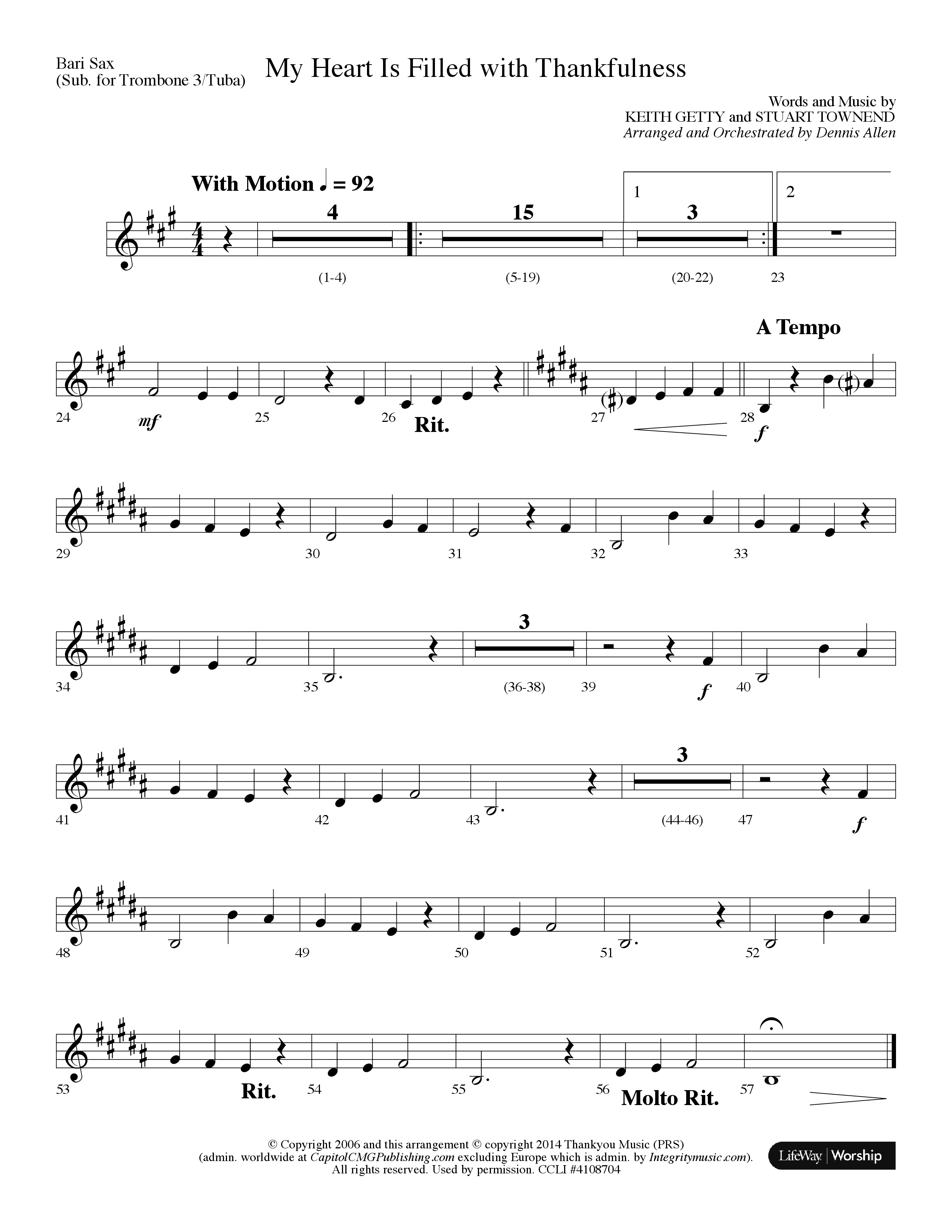 My Heart Is Filled With Thankfulness (Choral Anthem SATB) Bari Sax (Lifeway Choral / Arr. Dennis Allen)