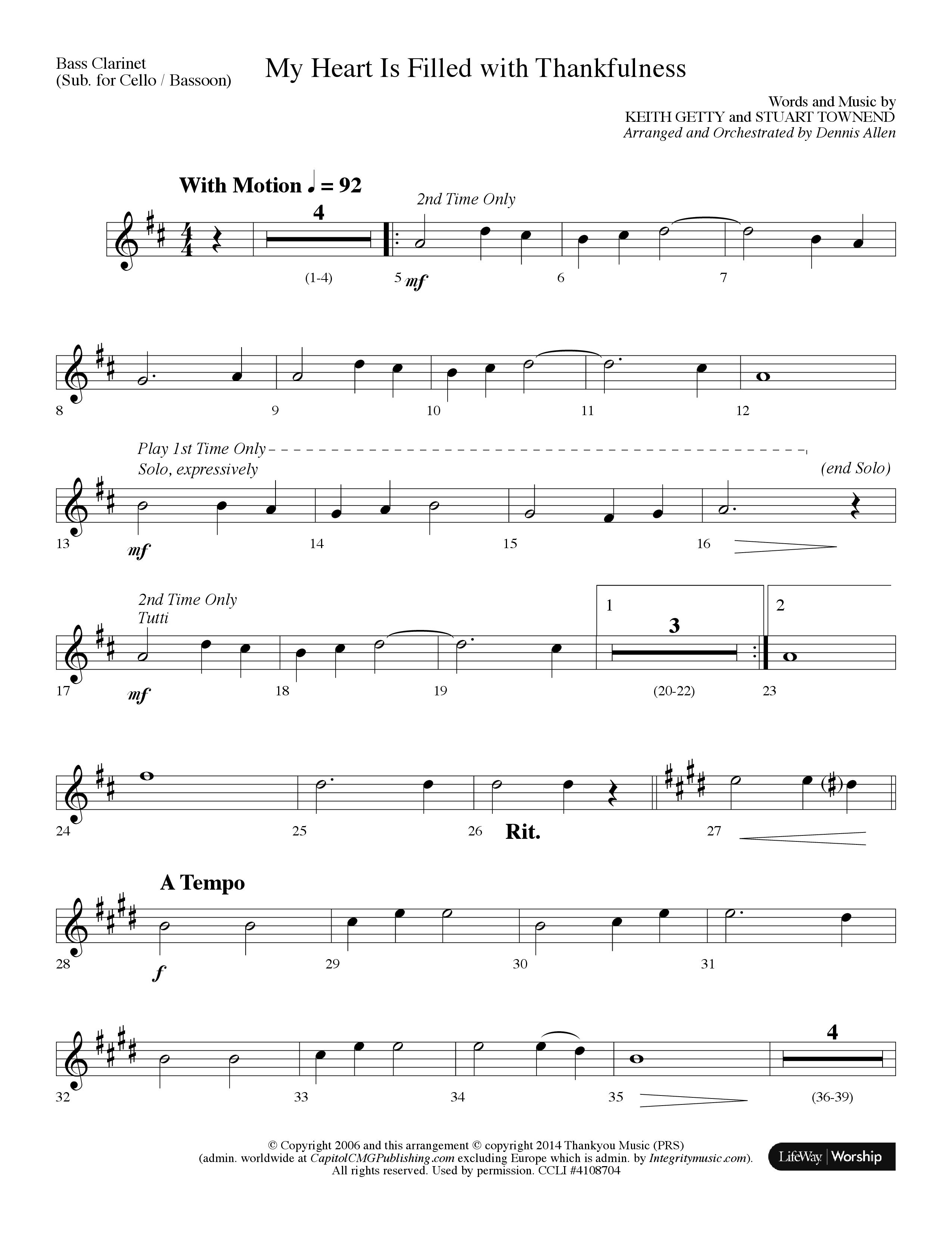 My Heart Is Filled With Thankfulness (Choral Anthem SATB) Bass Clarinet (Lifeway Choral / Arr. Dennis Allen)