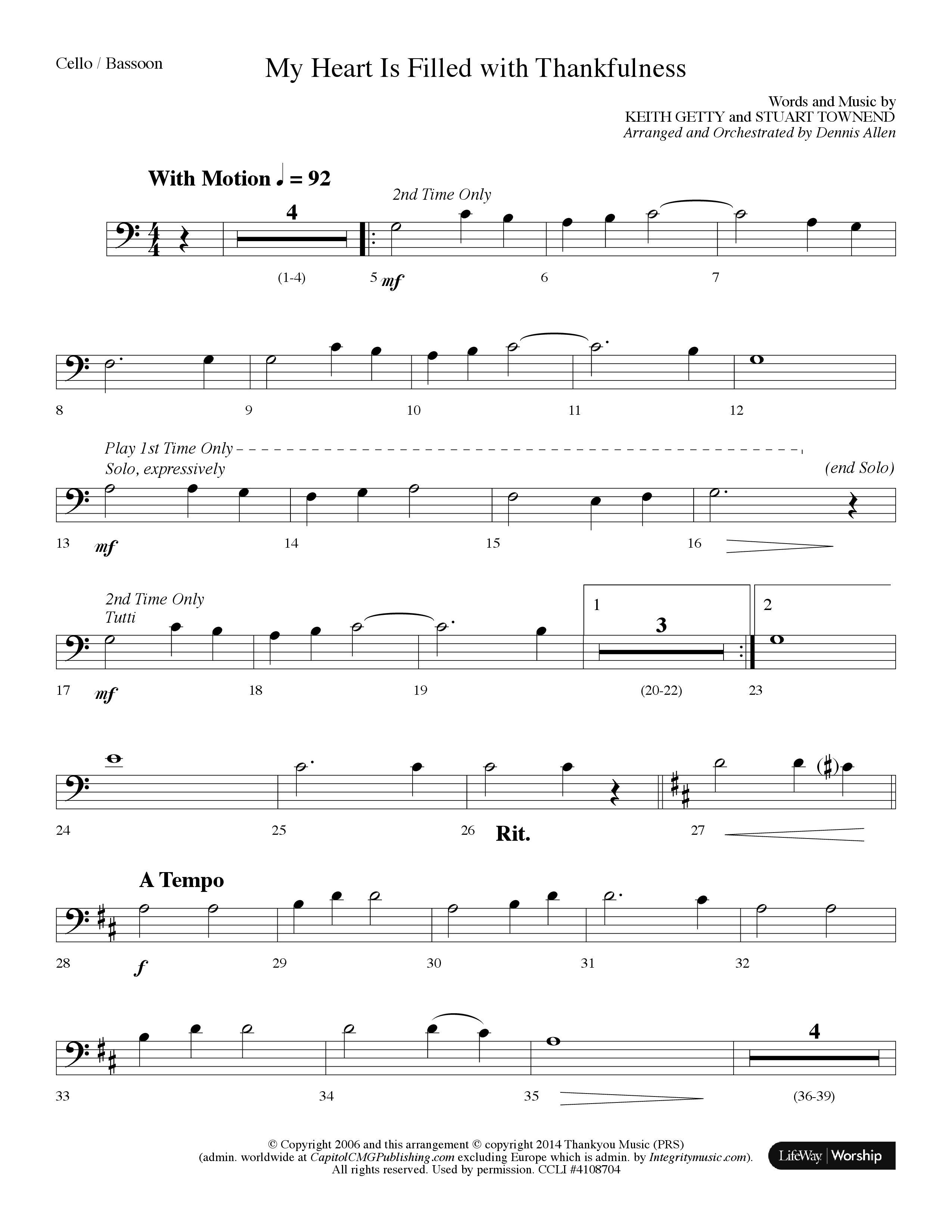 My Heart Is Filled With Thankfulness (Choral Anthem SATB) Cello (Lifeway Choral / Arr. Dennis Allen)
