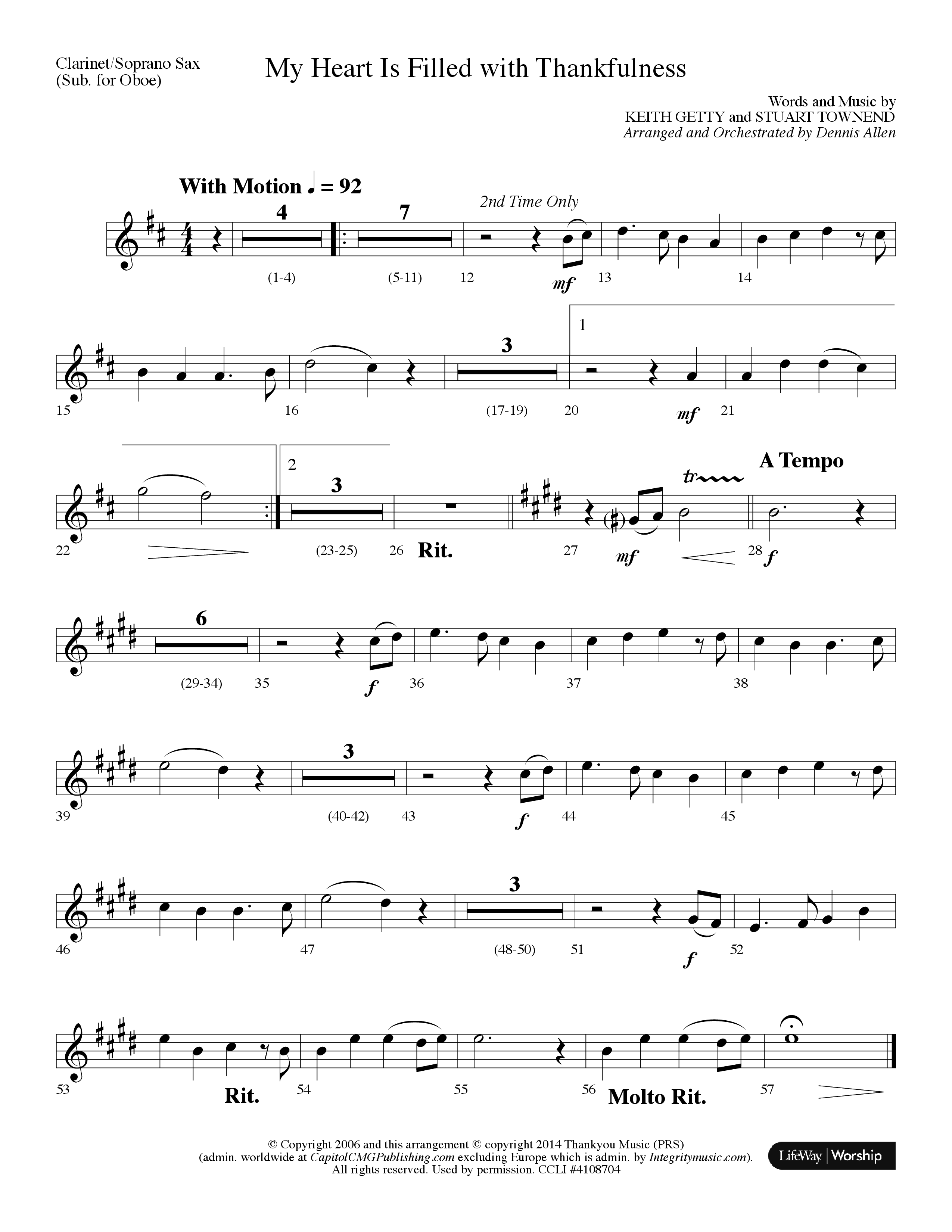 My Heart Is Filled With Thankfulness (Choral Anthem SATB) Clarinet/Soprano Sax (Lifeway Choral / Arr. Dennis Allen)