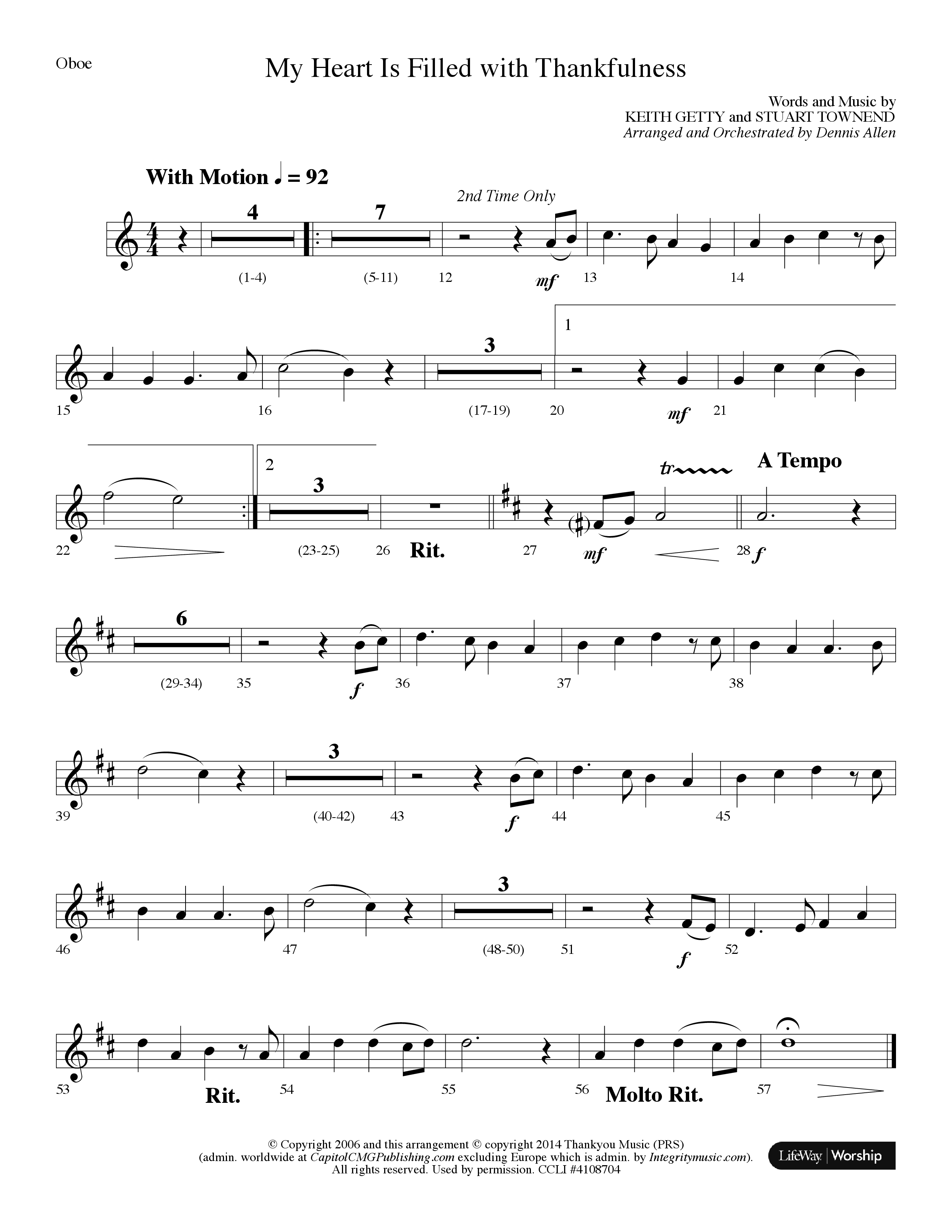 My Heart Is Filled With Thankfulness (Choral Anthem SATB) Oboe (Lifeway Choral / Arr. Dennis Allen)
