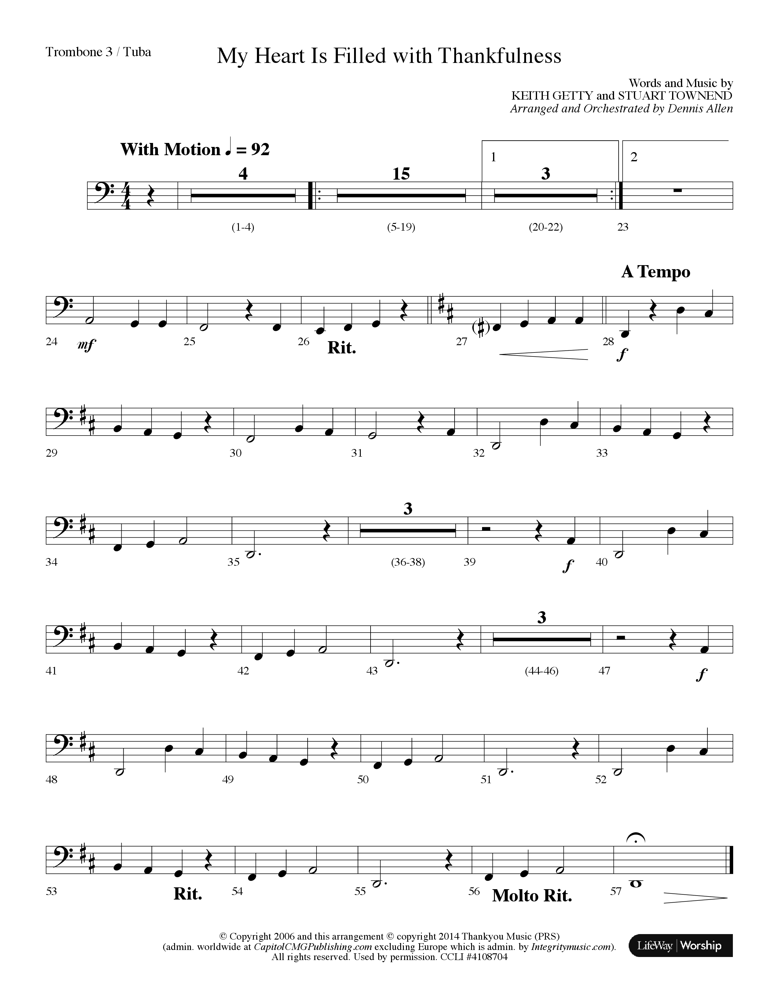My Heart Is Filled With Thankfulness (Choral Anthem SATB) Trombone 3/Tuba (Lifeway Choral / Arr. Dennis Allen)