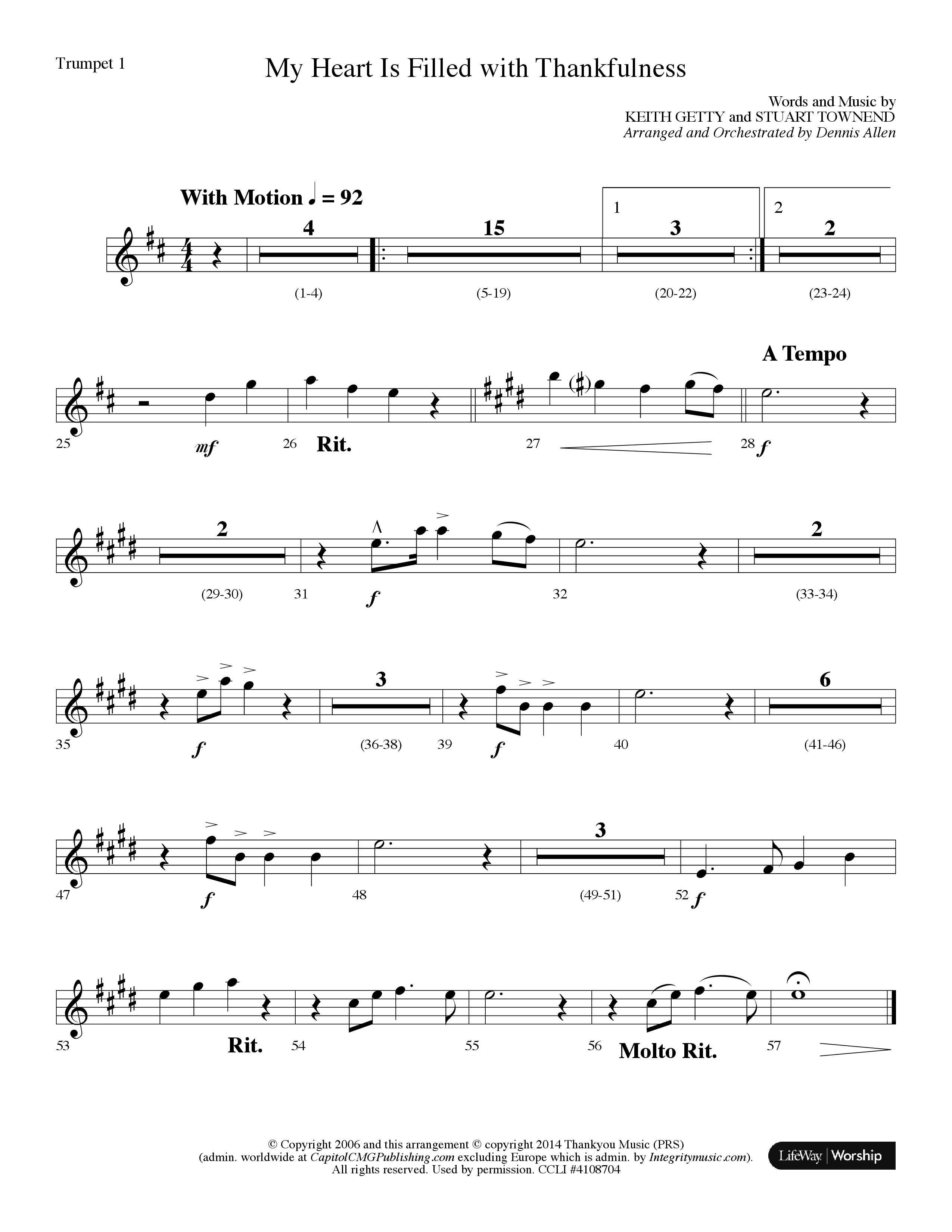 My Heart Is Filled With Thankfulness (Choral Anthem SATB) Trumpet 1 (Lifeway Choral / Arr. Dennis Allen)