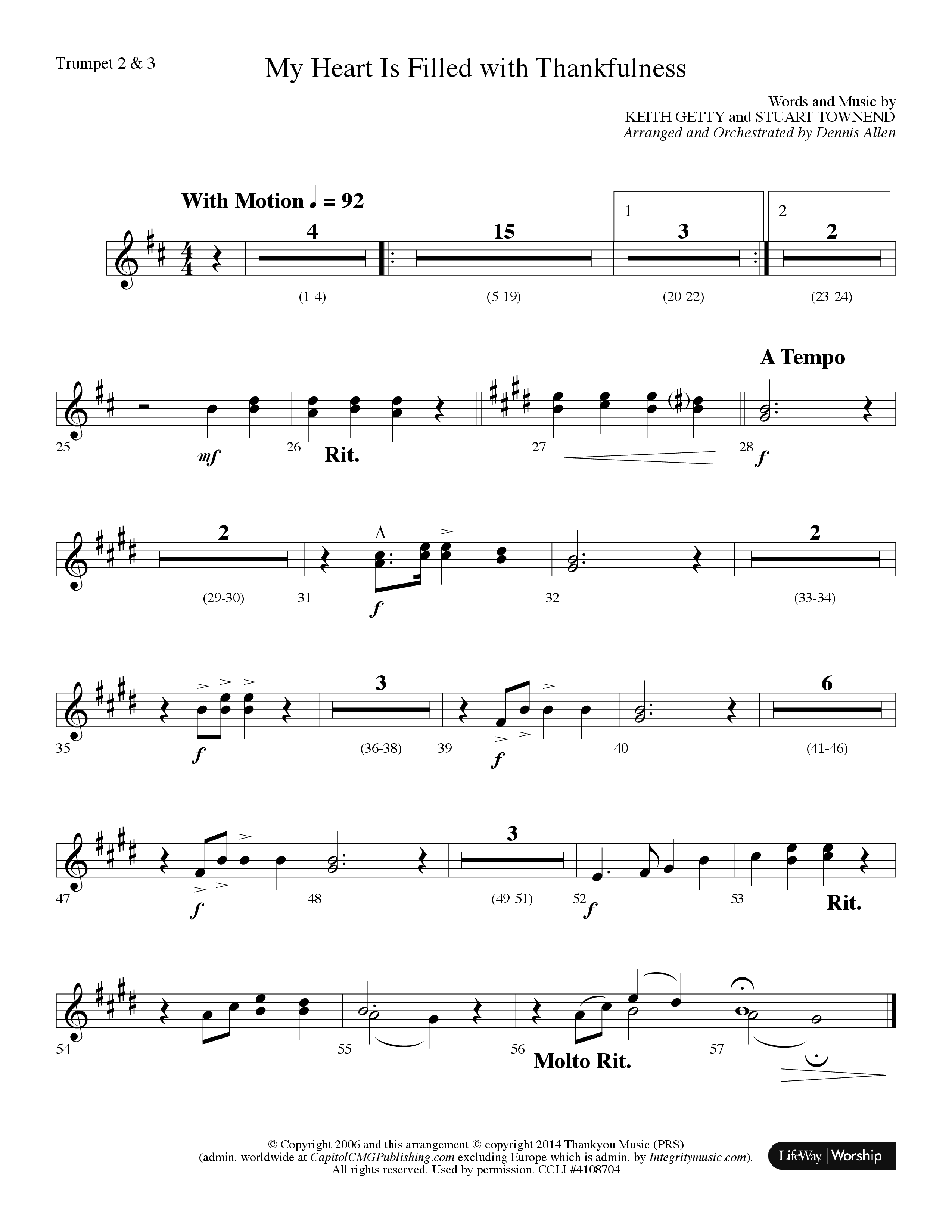 My Heart Is Filled With Thankfulness (Choral Anthem SATB) Trumpet 2/3 (Lifeway Choral / Arr. Dennis Allen)