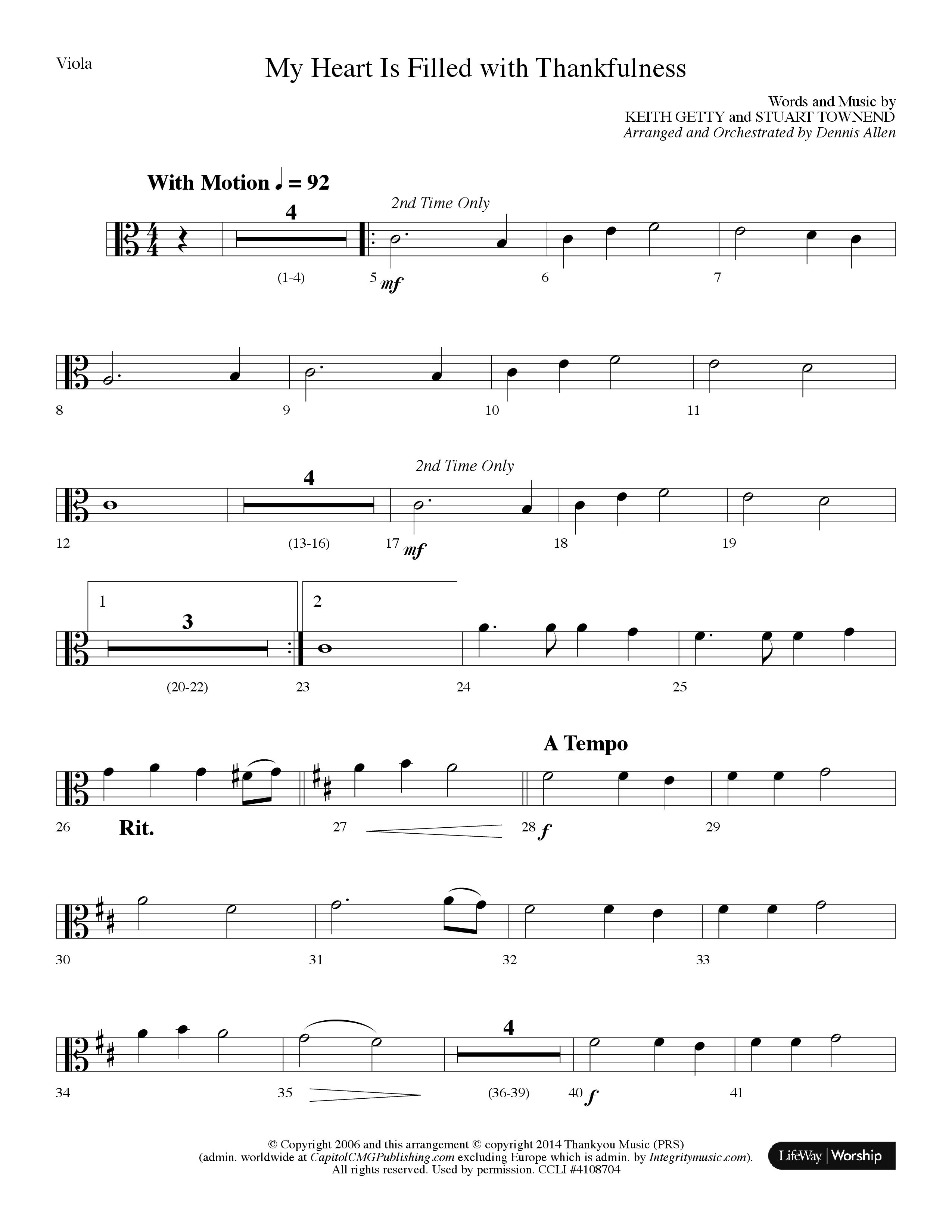 My Heart Is Filled With Thankfulness (Choral Anthem SATB) Viola (Lifeway Choral / Arr. Dennis Allen)