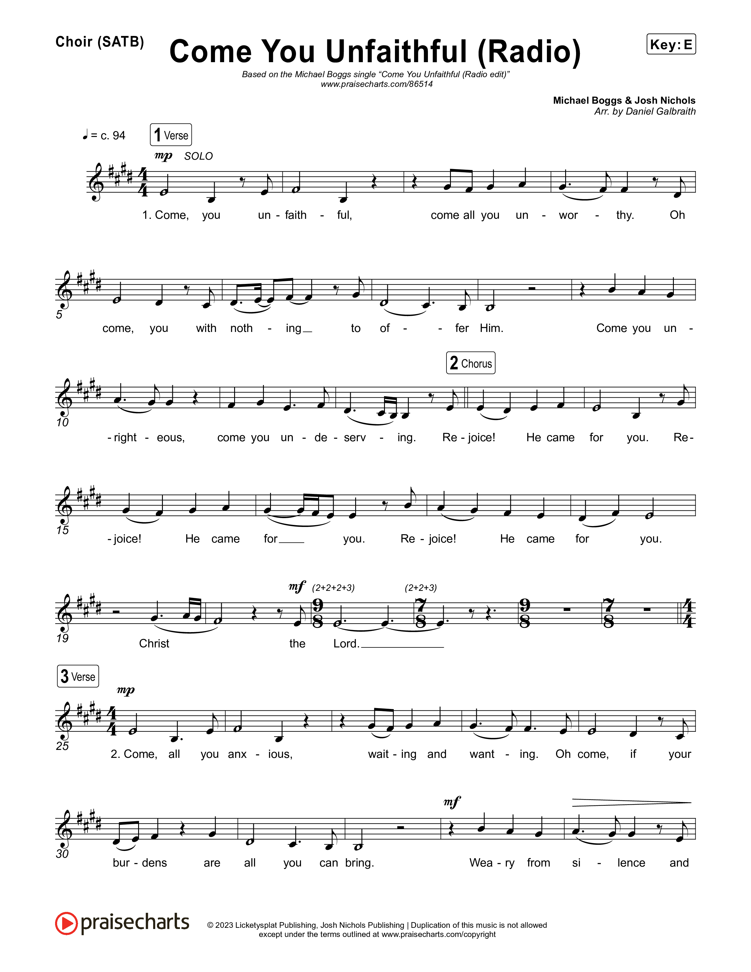 Come You Unfaithful (Radio) Choir Sheet (SATB) (Michael Boggs)