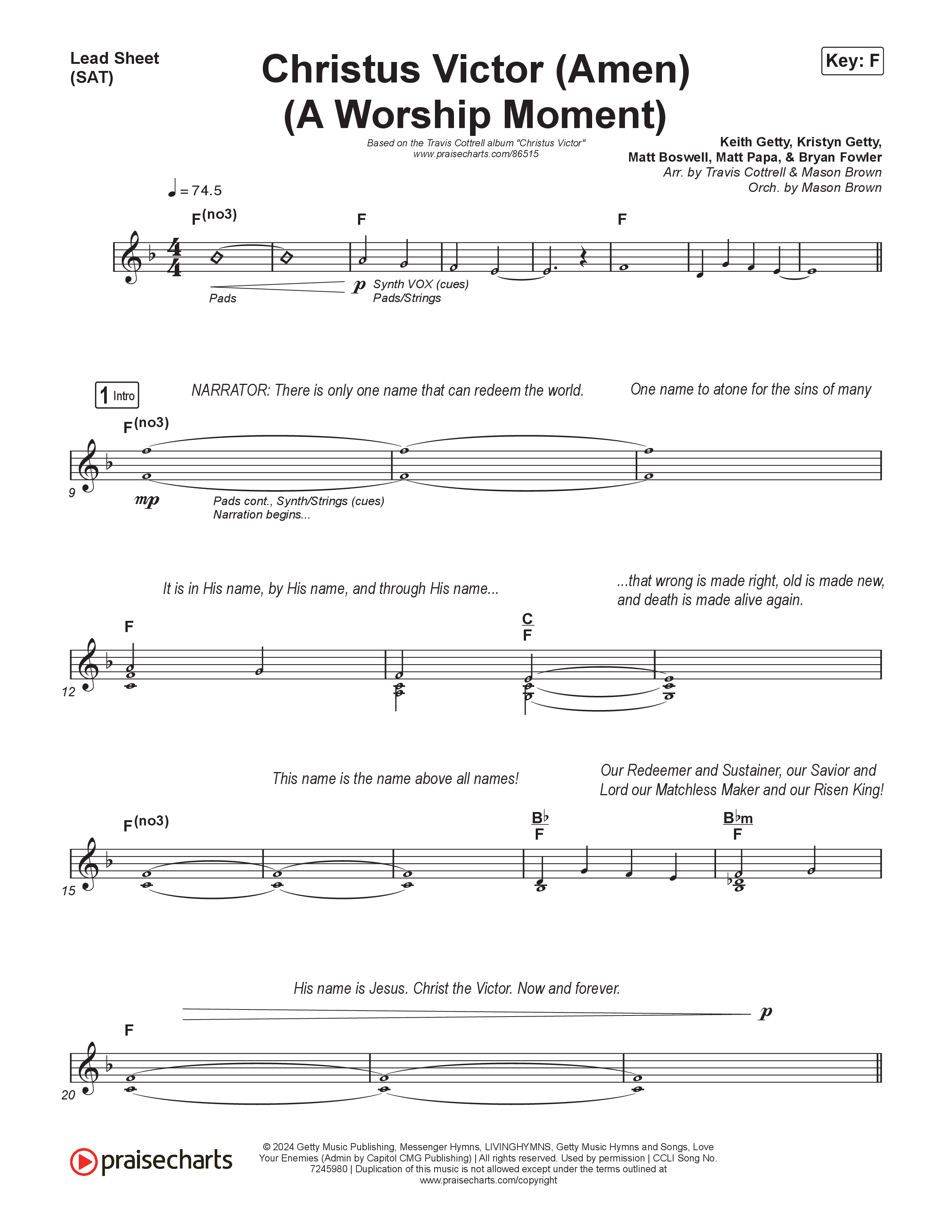 Christus Victor (Amen) (A Worship Moment) (Choral/SATB) Lead Sheet (SAT) (Brooke Voland / Travis Cottrell / Arr. Mason Brown)