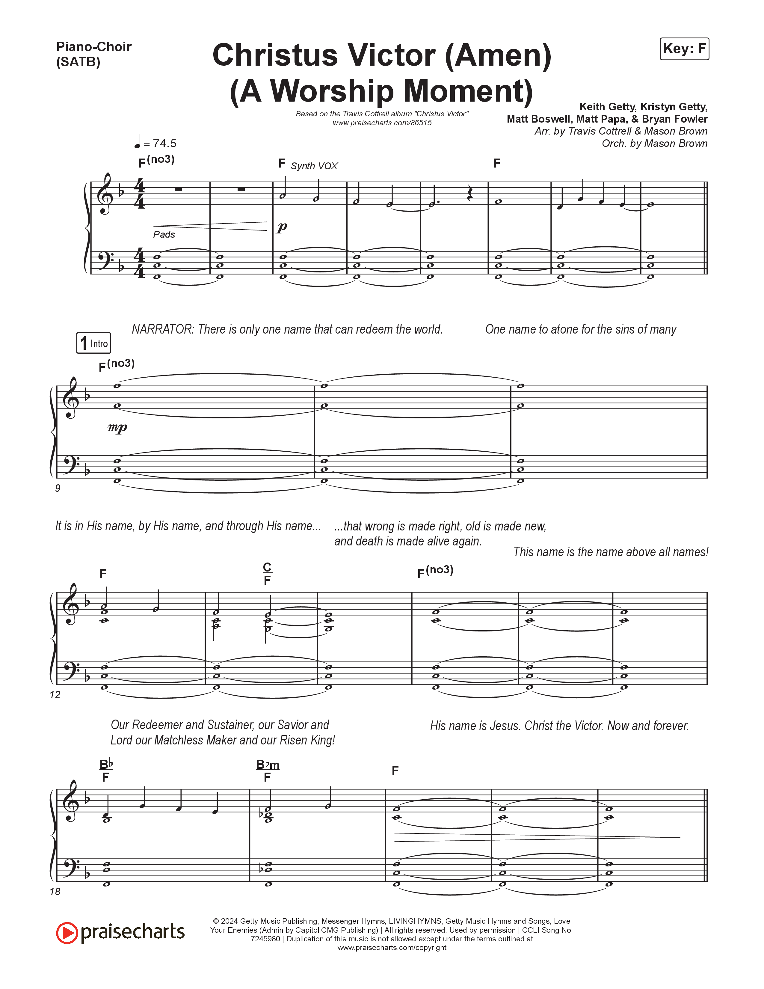 Christus Victor (Amen) (A Worship Moment) (Choral/SATB) Piano/Vocal (SATB) (Brooke Voland / Travis Cottrell / Arr. Mason Brown)