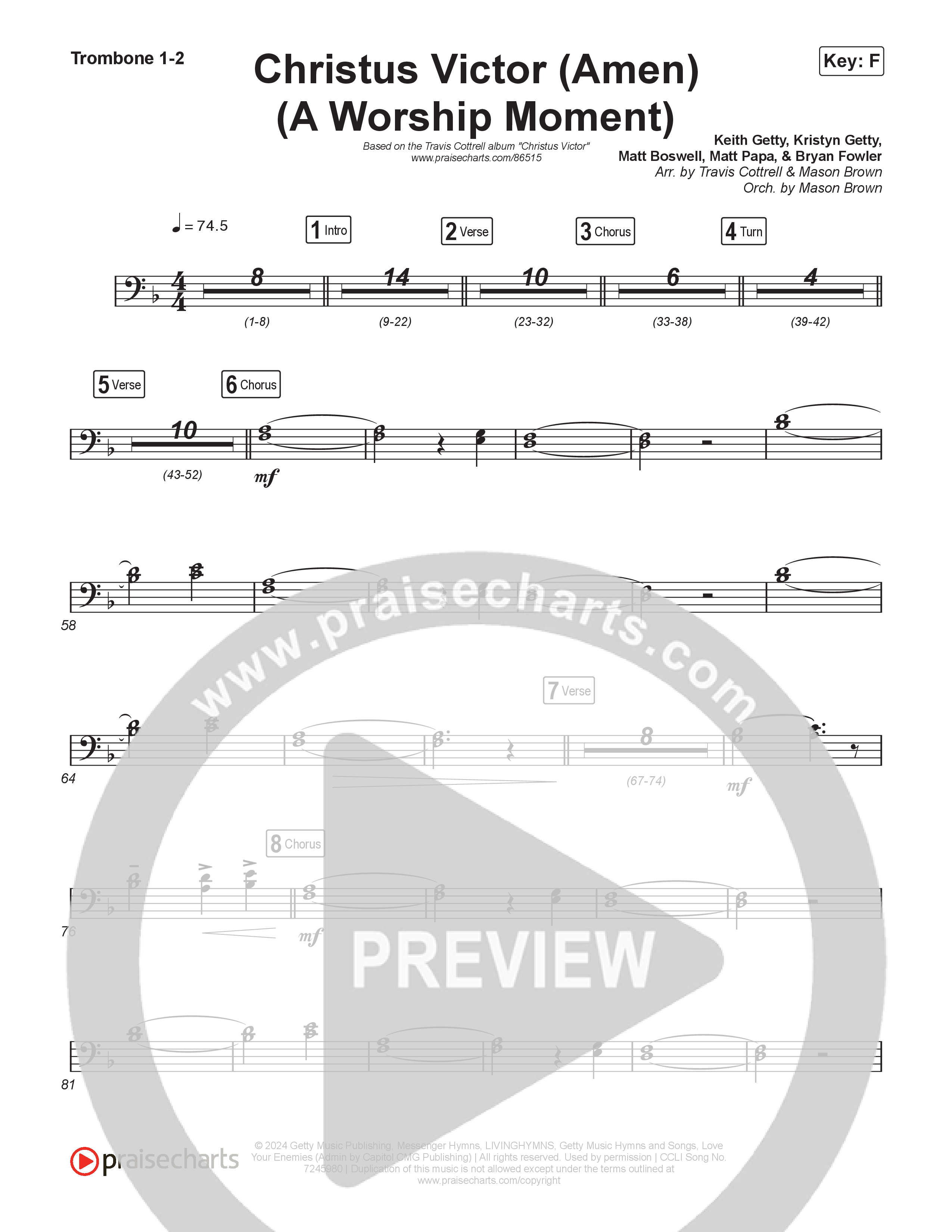 Christus Victor (Amen) (A Worship Moment) (Choral/SATB) Trombone 1/2 (Brooke Voland / Travis Cottrell / Arr. Mason Brown)