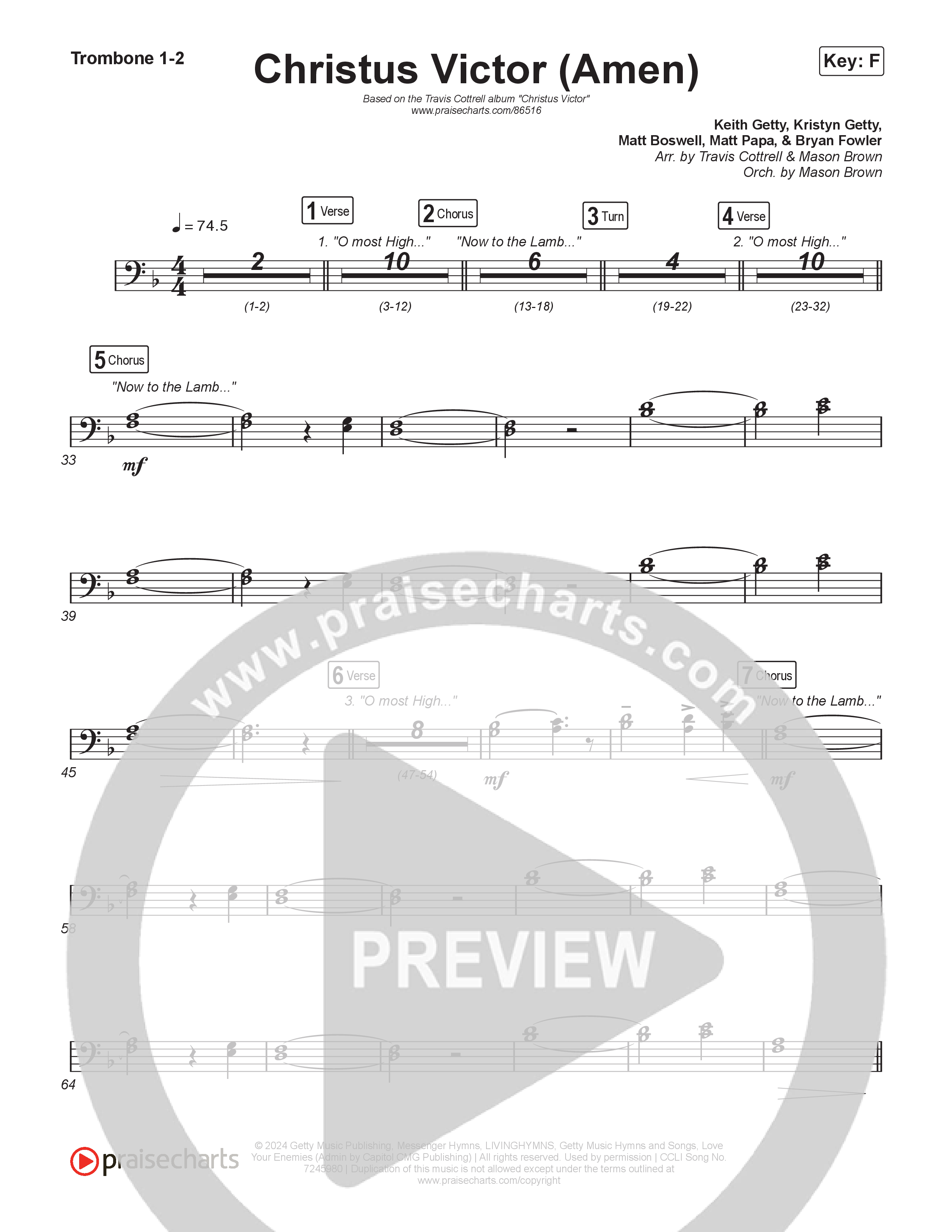 Christus Victor (Amen) (Choral/SATB) Trombone 1,2 (Brooke Voland / Travis Cottrell / Arr. Mason Brown)