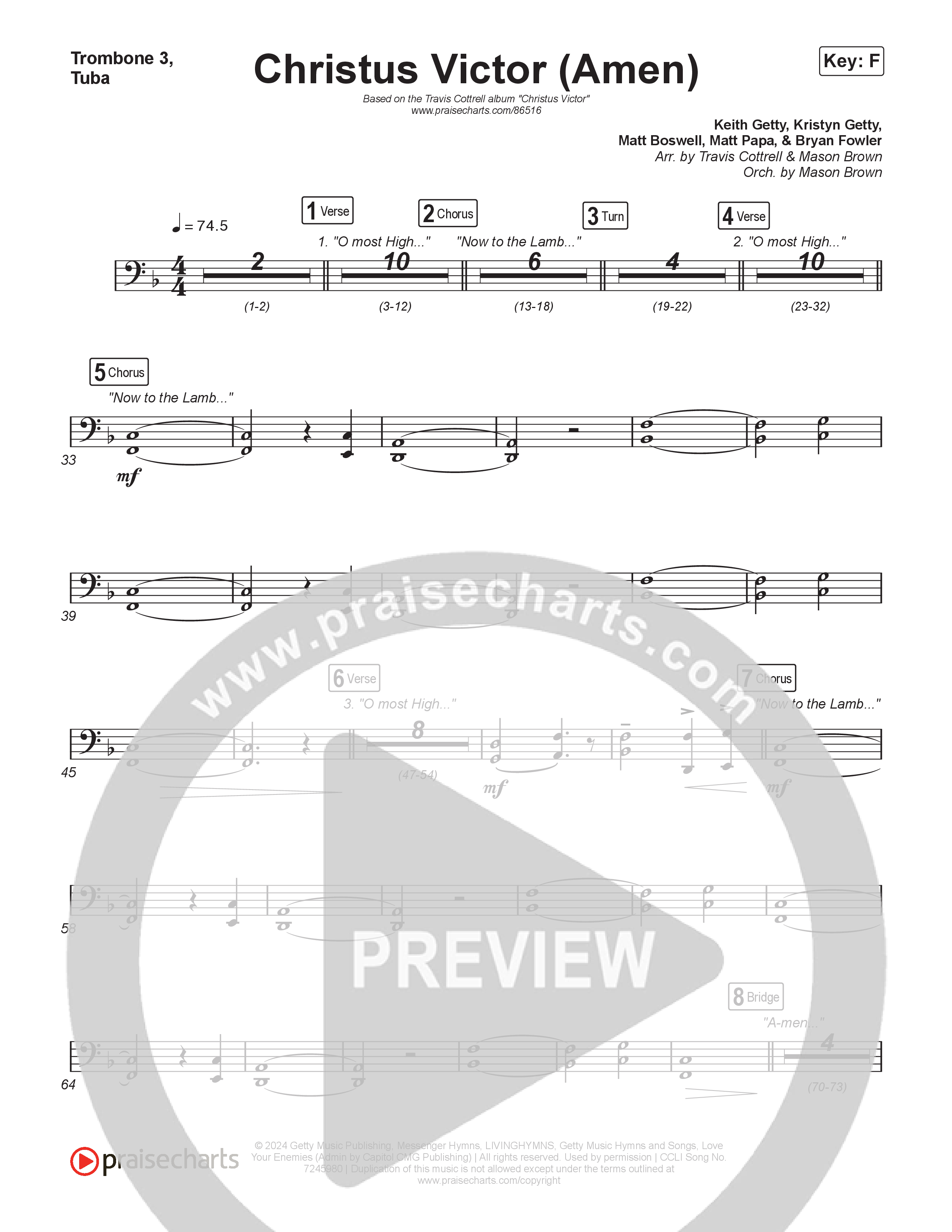 Christus Victor (Amen) (Choral/SATB) Trombone 1,2 (Brooke Voland / Travis Cottrell / Arr. Mason Brown)