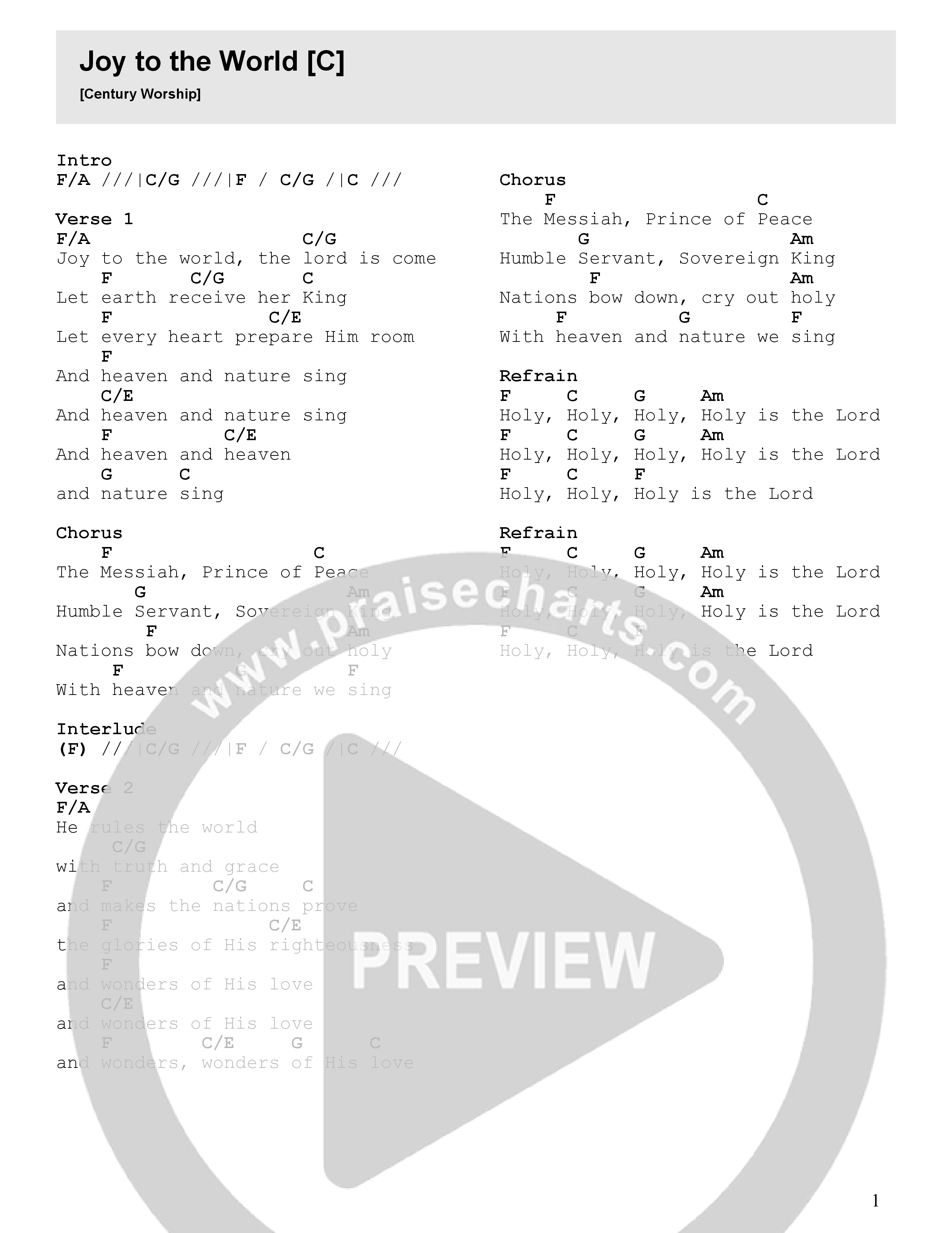 Joy To The World (Holy Is The Lord) Chord Chart (Century Worship)