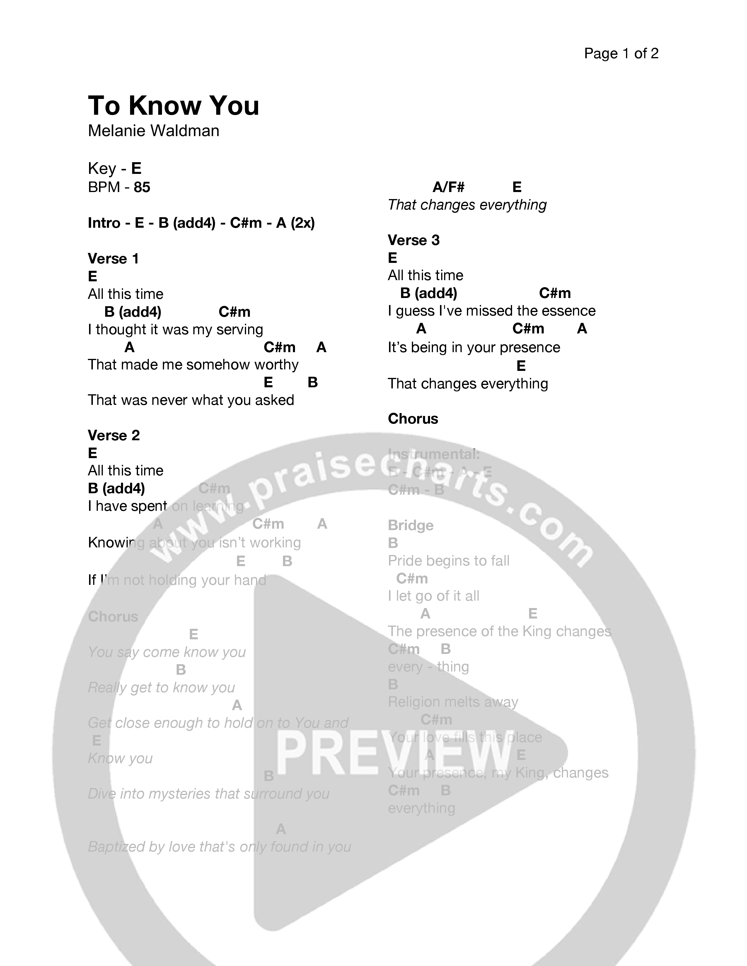 To Know You Chord Chart (Melanie Waldman)