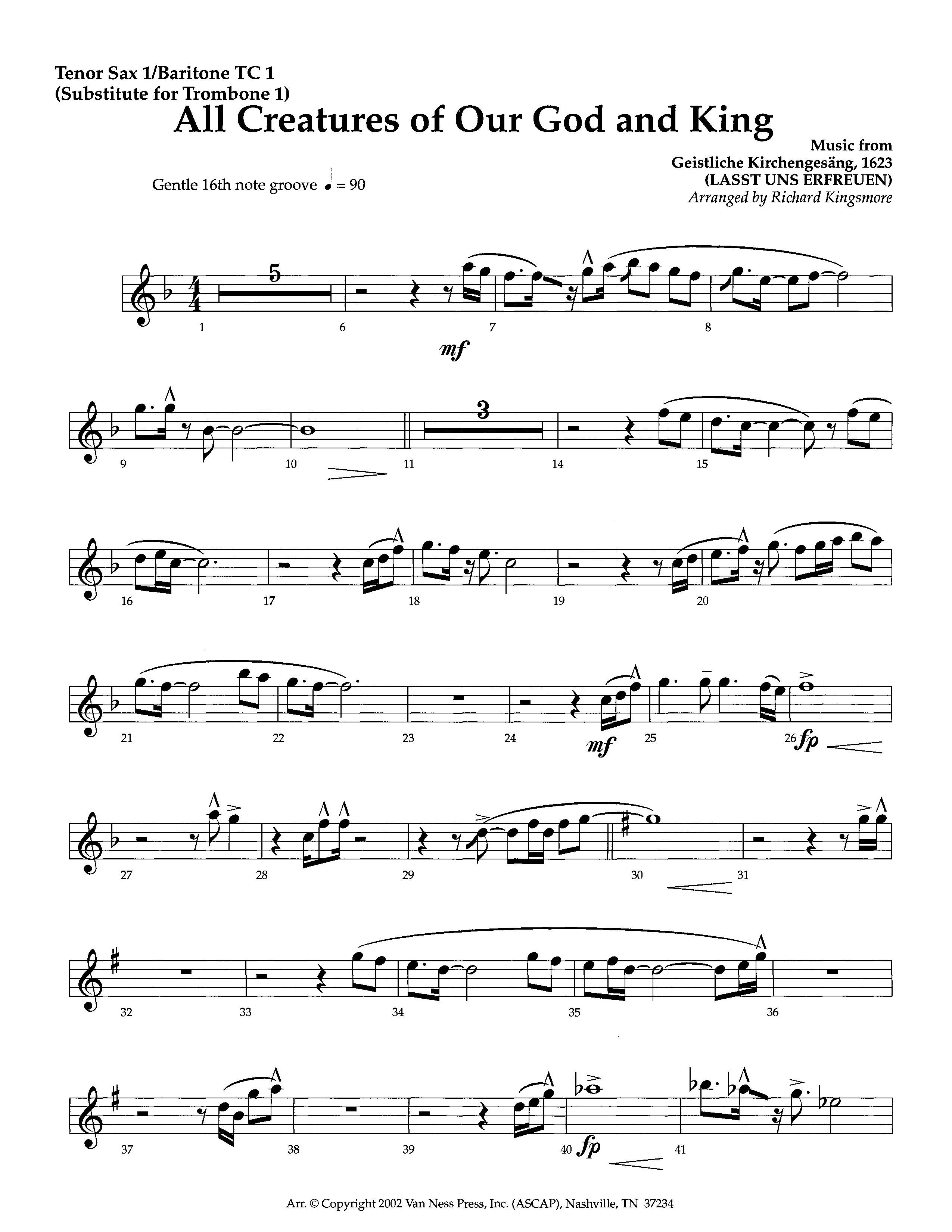 All Creatures Of Our God And King (Instrumental) Tenor Sax/Baritone T.C. (Lifeway Worship / Arr. Richard Kingsmore)