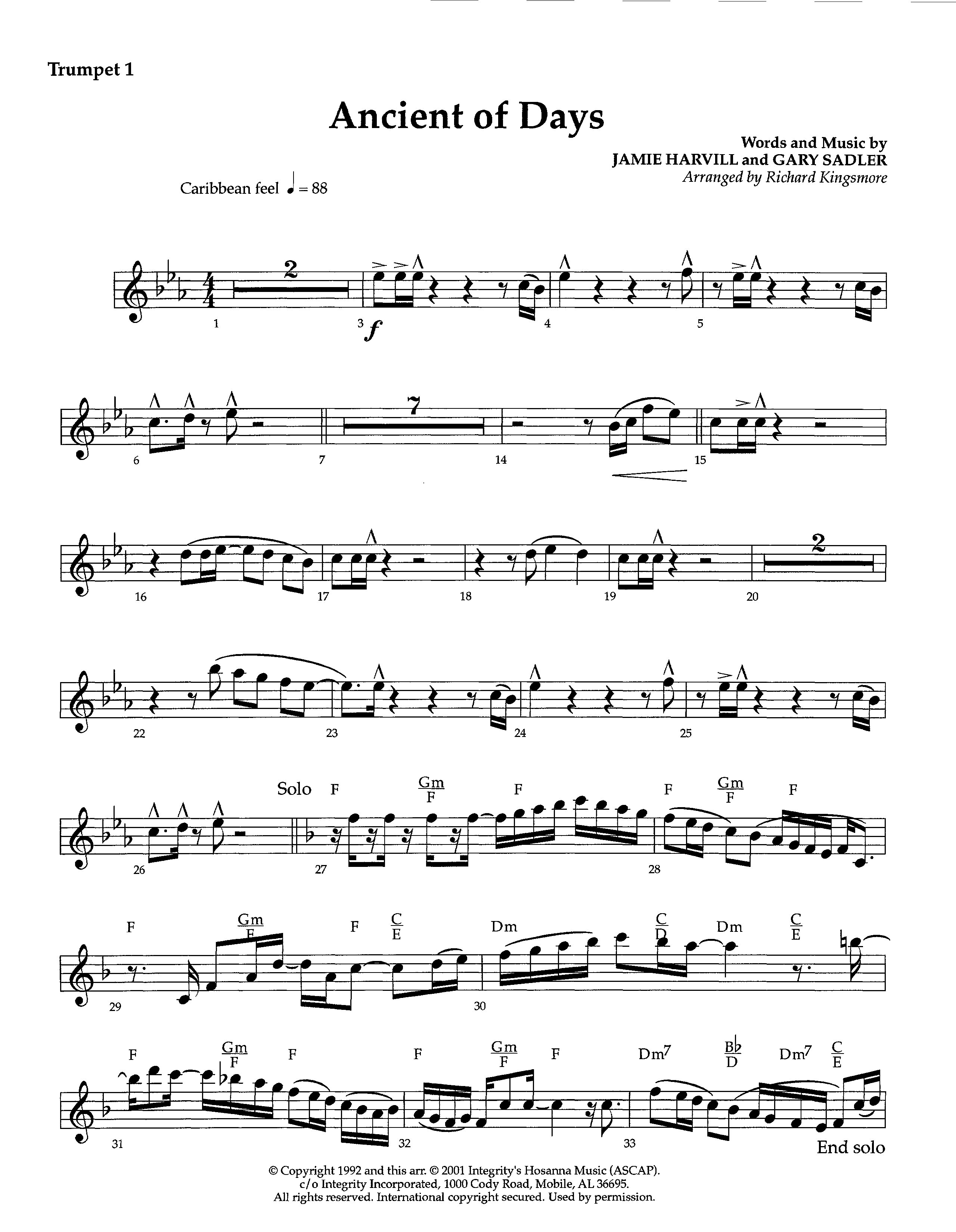 Ancient Of Days (Instrumental) Trumpet 1 (Lifeway Worship / Arr. Richard Kingsmore)