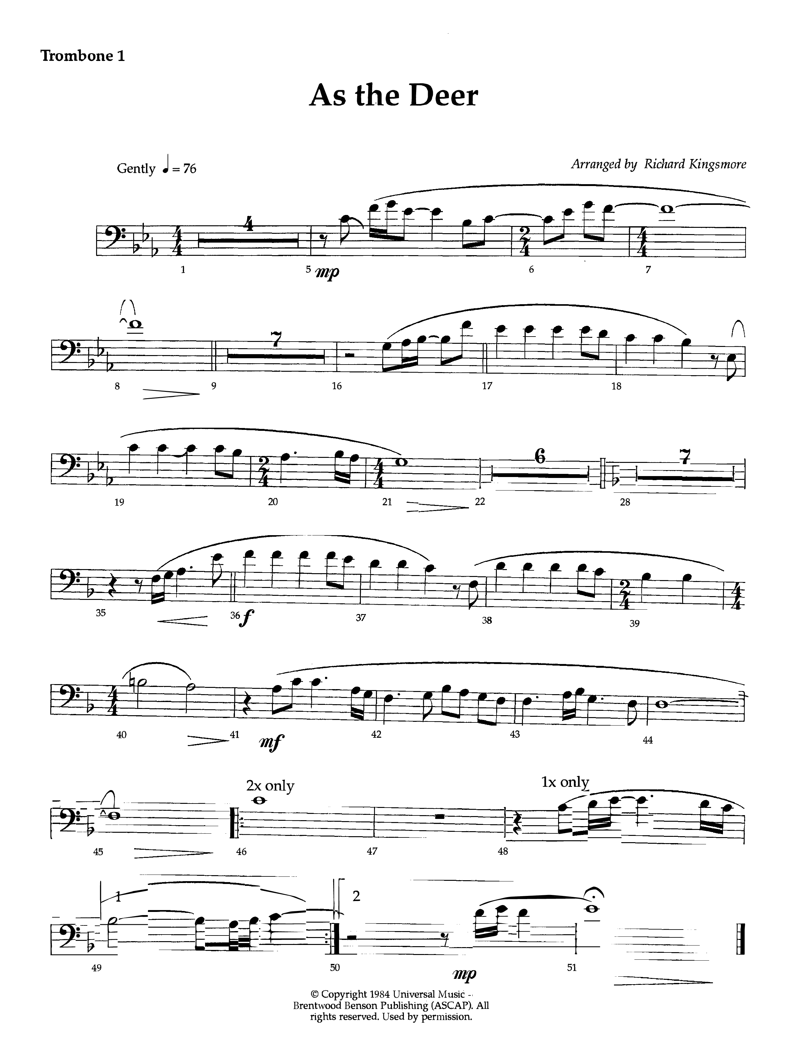 As The Deer (Instrumental) Trombone 1 (Lifeway Worship / Arr. Richard Kingsmore)