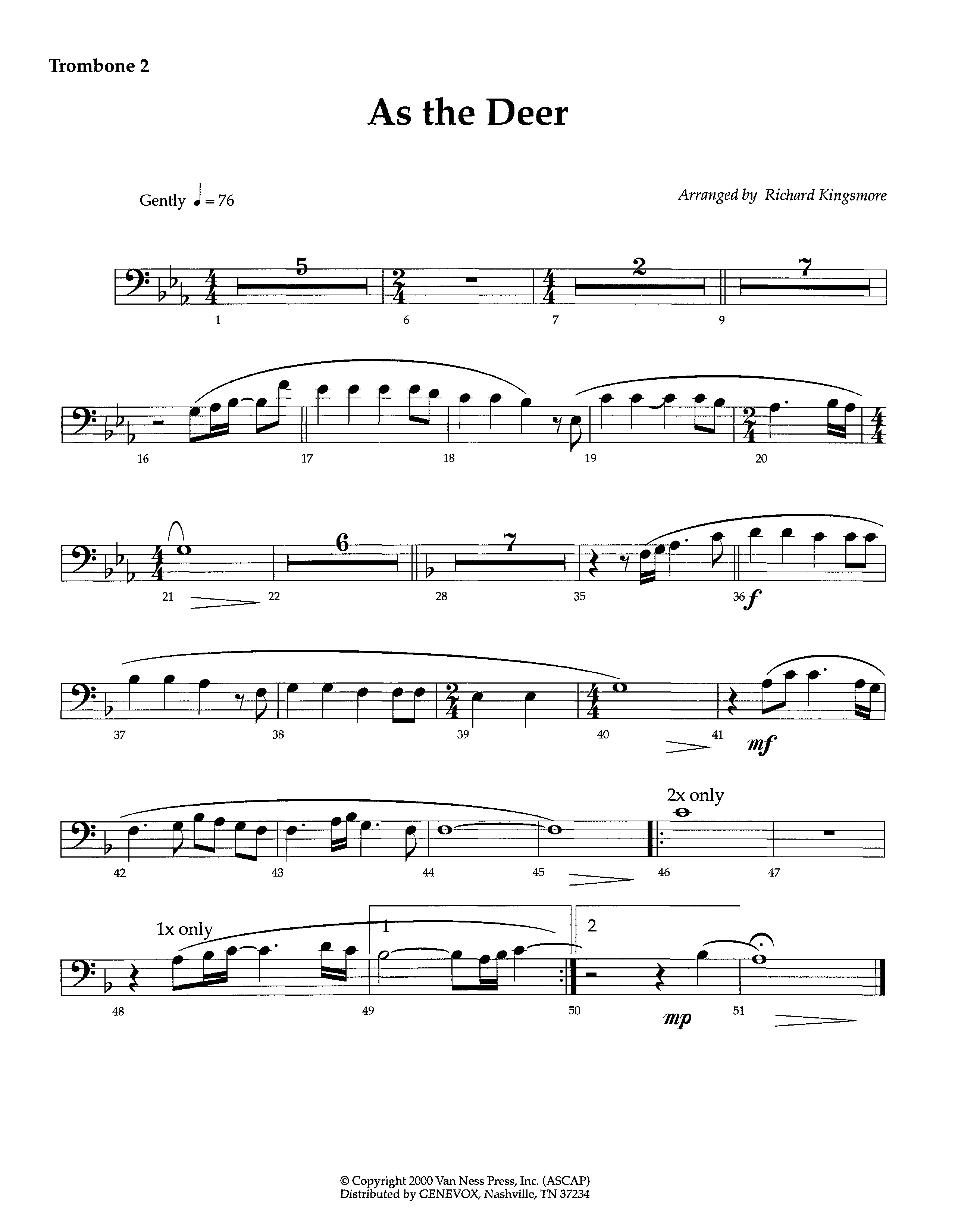 As The Deer (Instrumental) Trombone 2 (Lifeway Worship / Arr. Richard Kingsmore)