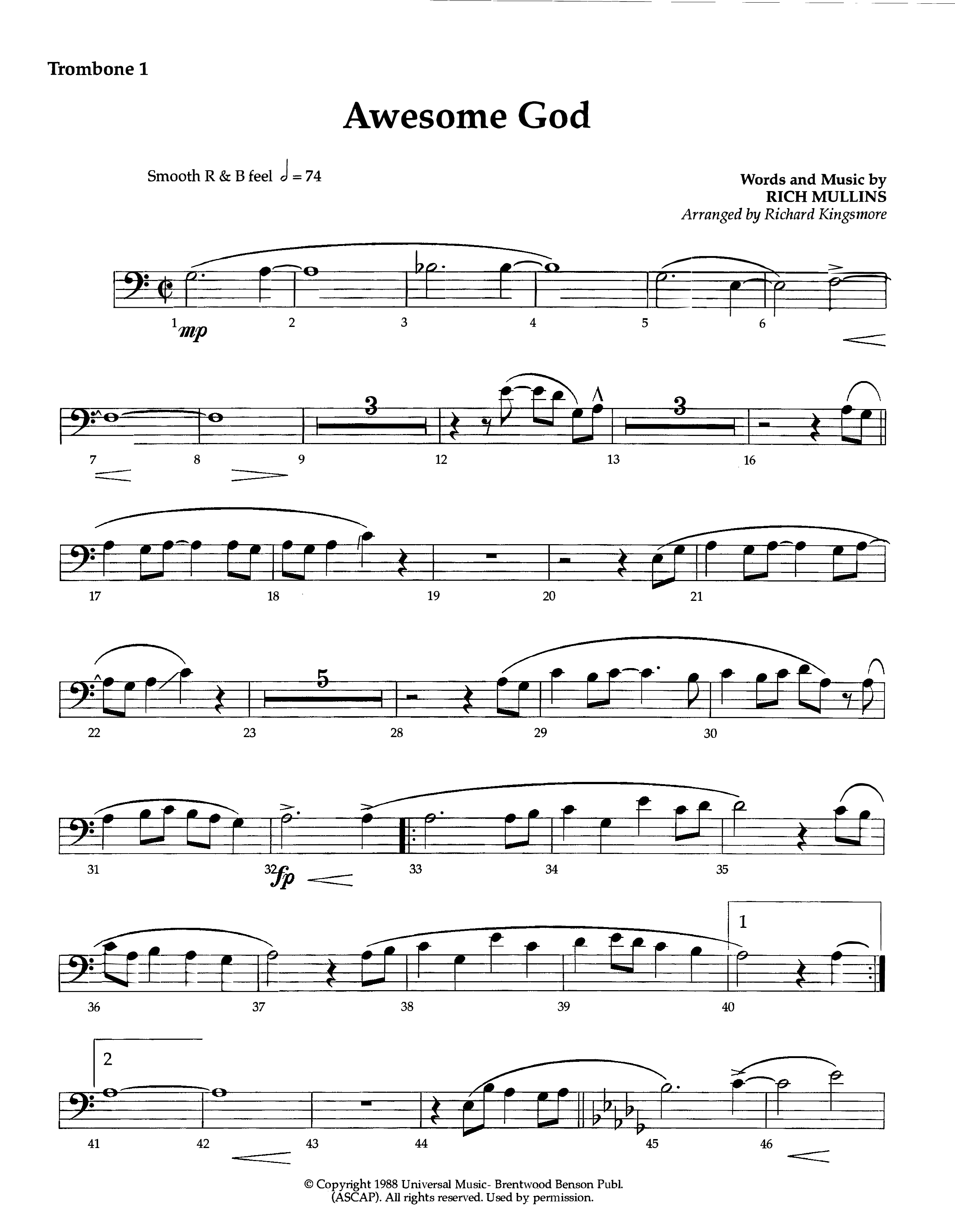 Awesome God (Instrumental) Trombone 1 (Lifeway Worship / Arr. Richard Kingsmore)