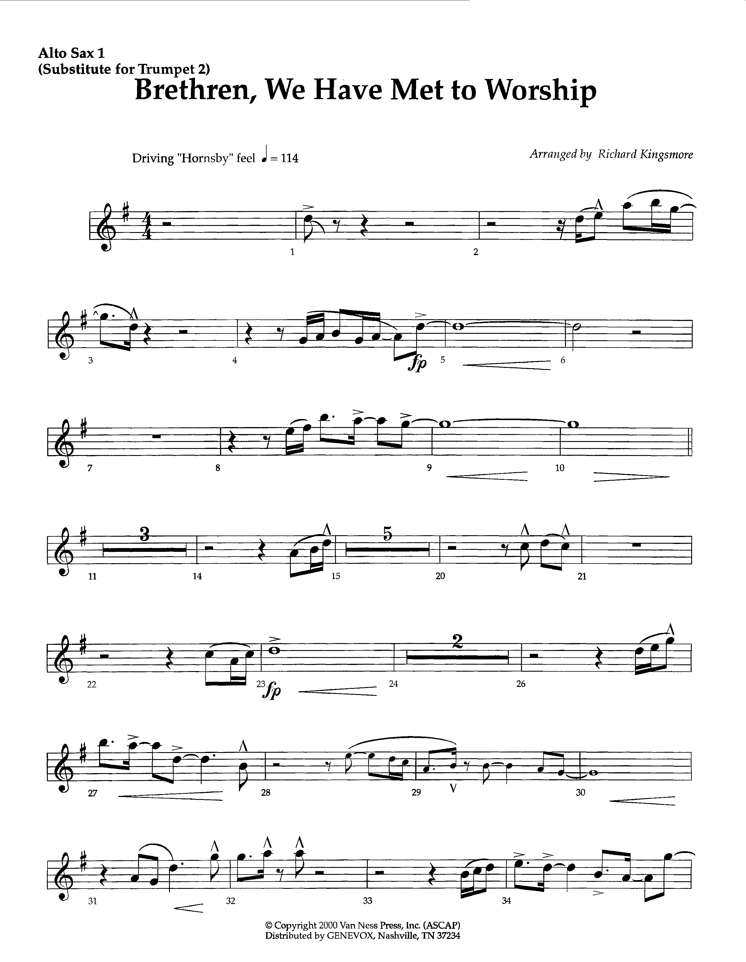 Brethren We Have Met To Worship (Instrumental) Alto Sax 1/2 (Lifeway Worship / Arr. Richard Kingsmore)