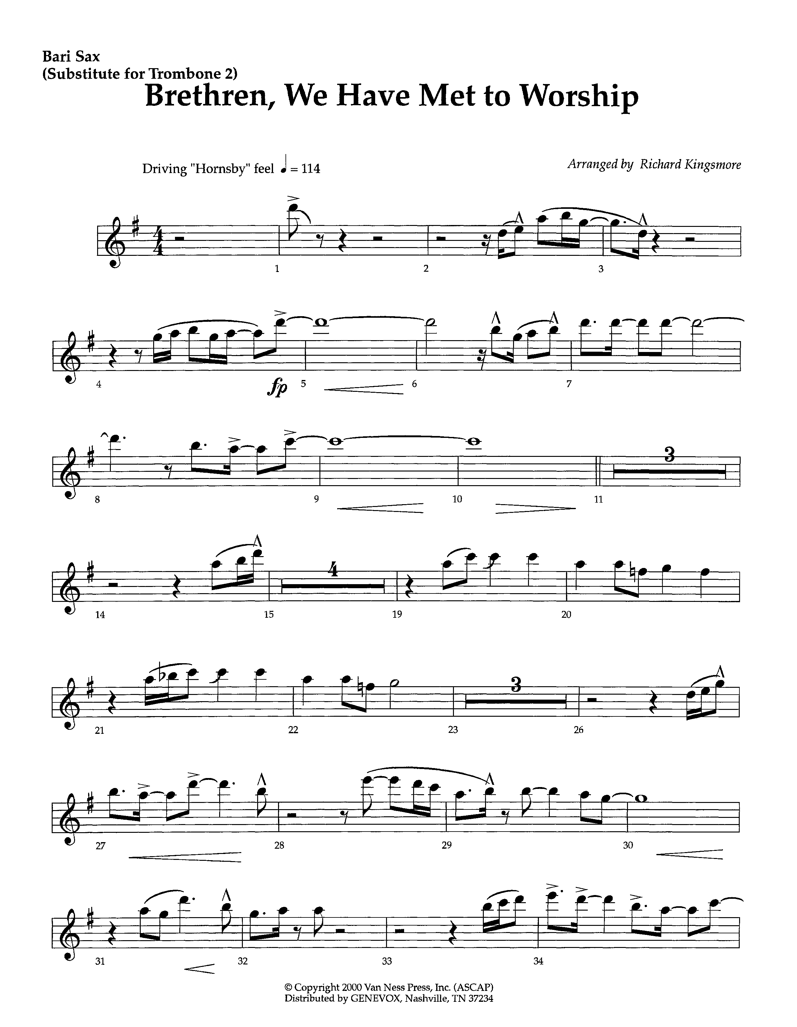 Brethren We Have Met To Worship (Instrumental) Bari Sax (Lifeway Worship / Arr. Richard Kingsmore)