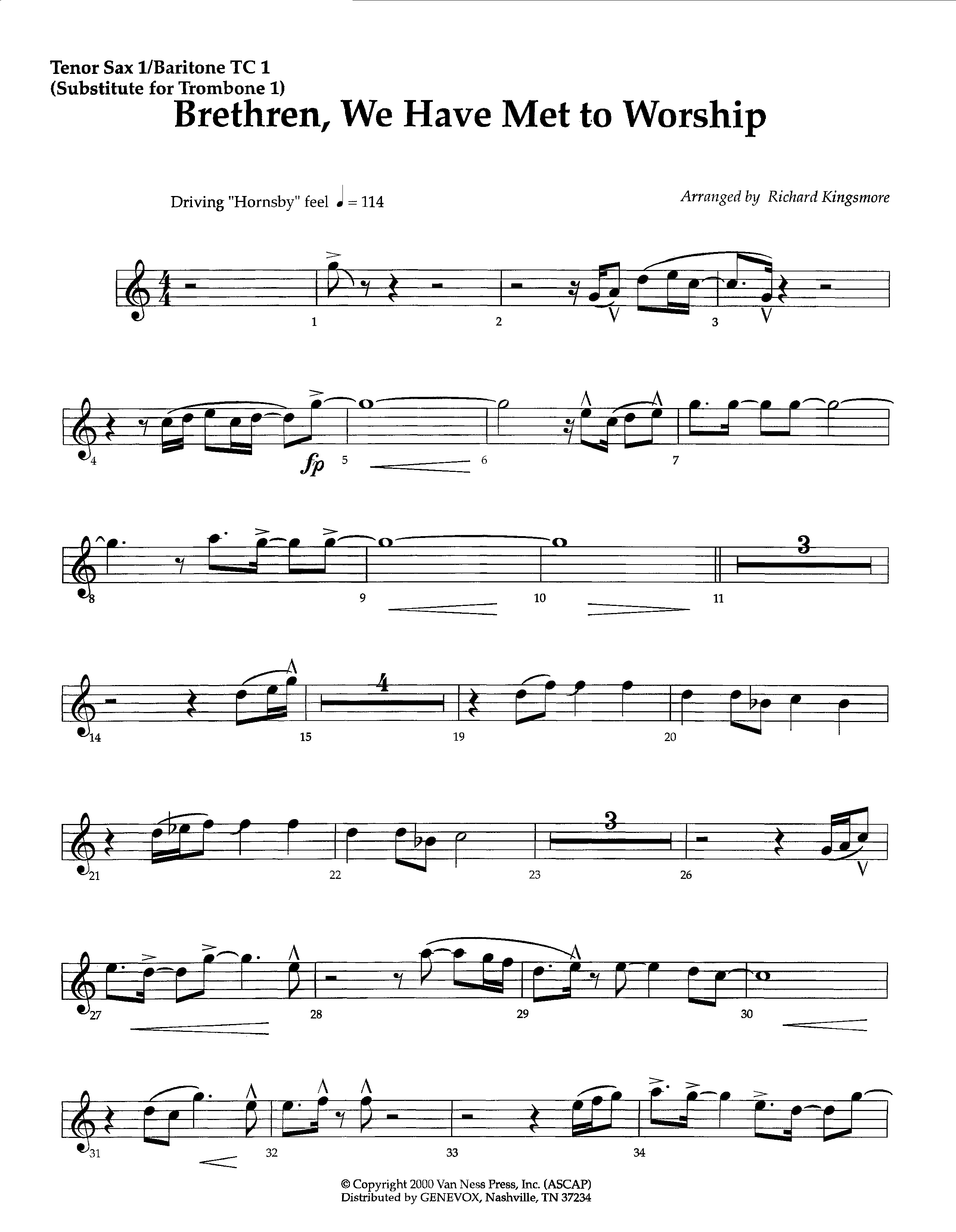 Brethren We Have Met To Worship (Instrumental) Tenor Sax/Baritone T.C. (Lifeway Worship / Arr. Richard Kingsmore)