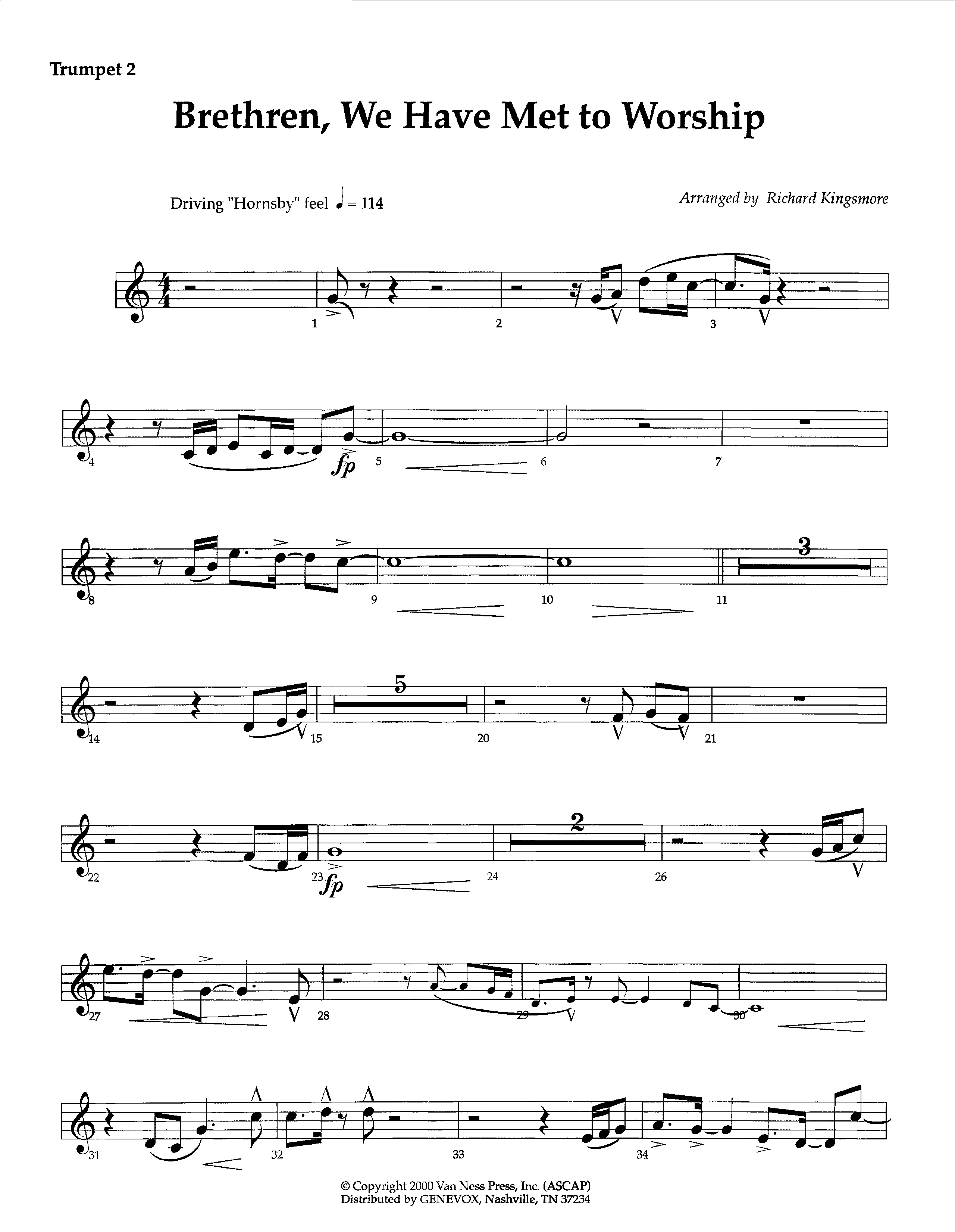 Brethren We Have Met To Worship (Instrumental) Trumpet 2 (Lifeway Worship / Arr. Richard Kingsmore)