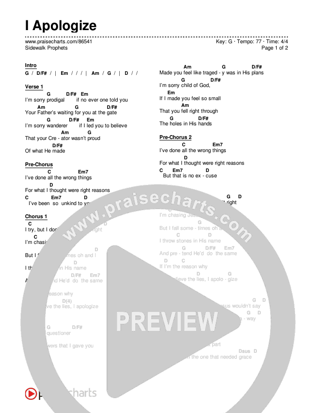 I Apologize Chords & Lyrics (Sidewalk Prophets)